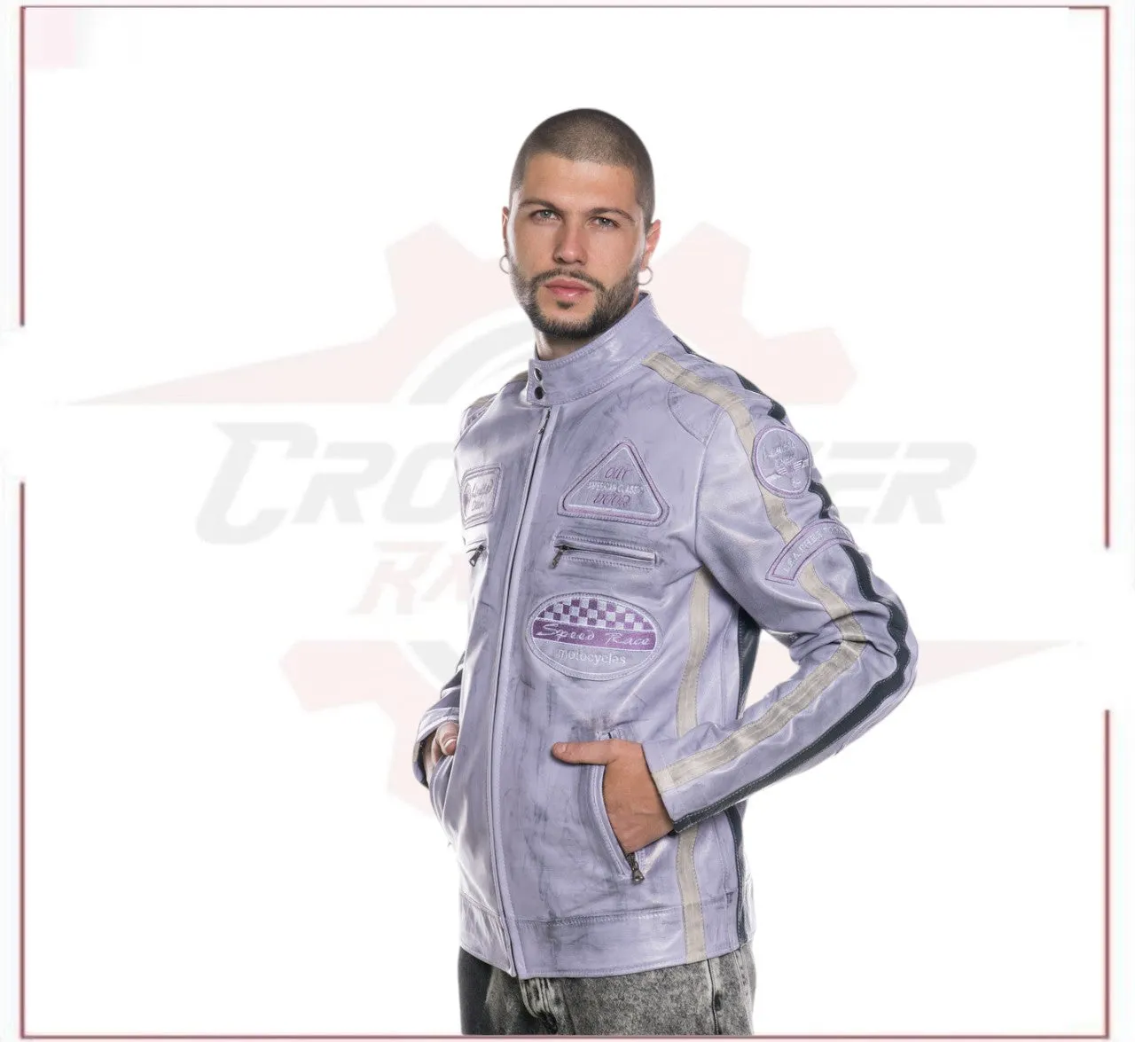 New Biker Man's Jacket in genuine Violet Leather