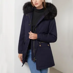 New hlysgo Women's Long Winter Coat Drawstring Waist Thicken Puffer Jacket Casual Long Sleeve Parka Jackets with Faux Fur Hood Navy Sz M