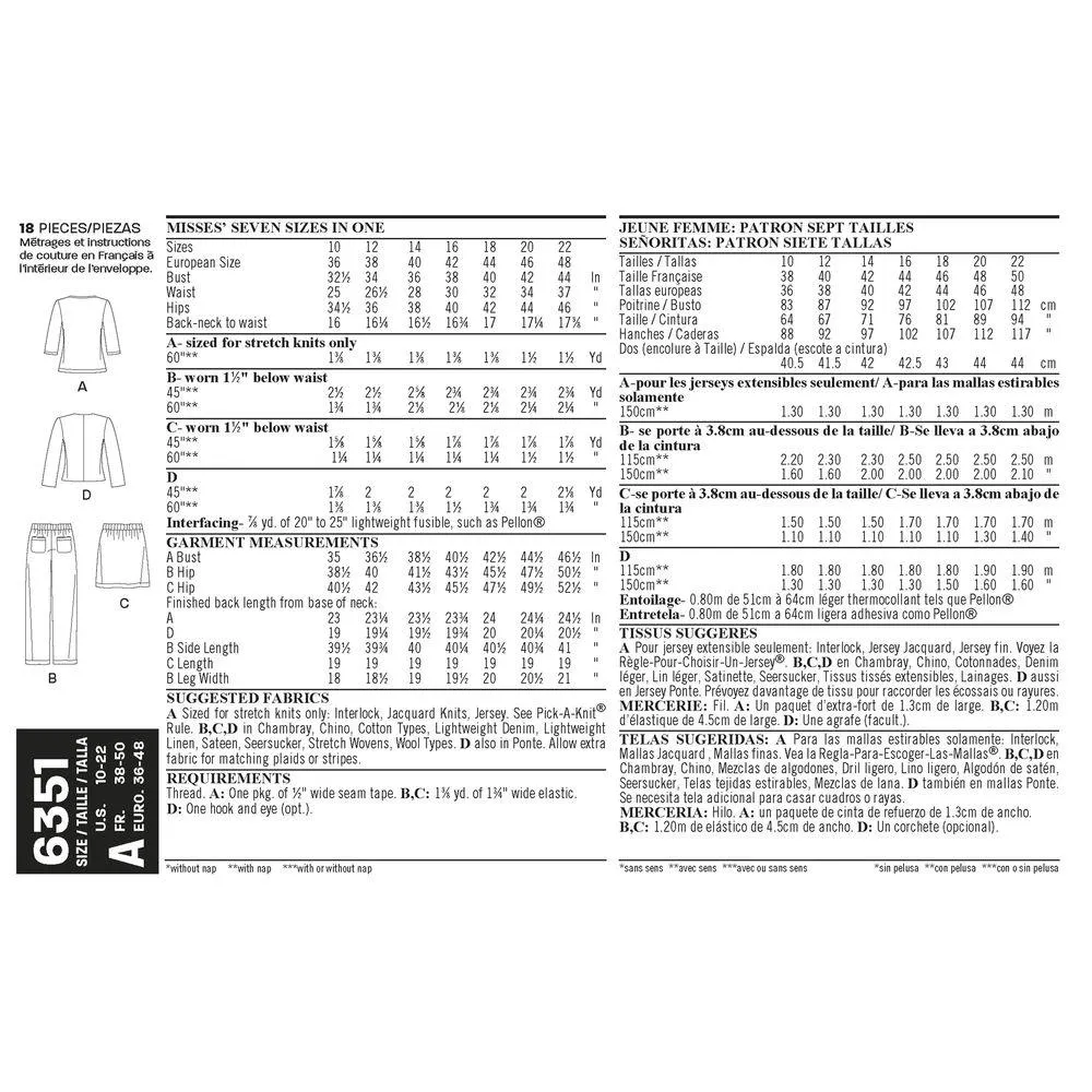 Newlook Pattern 6351 Misses' Jacket, Pants, Skirt and Knit Top