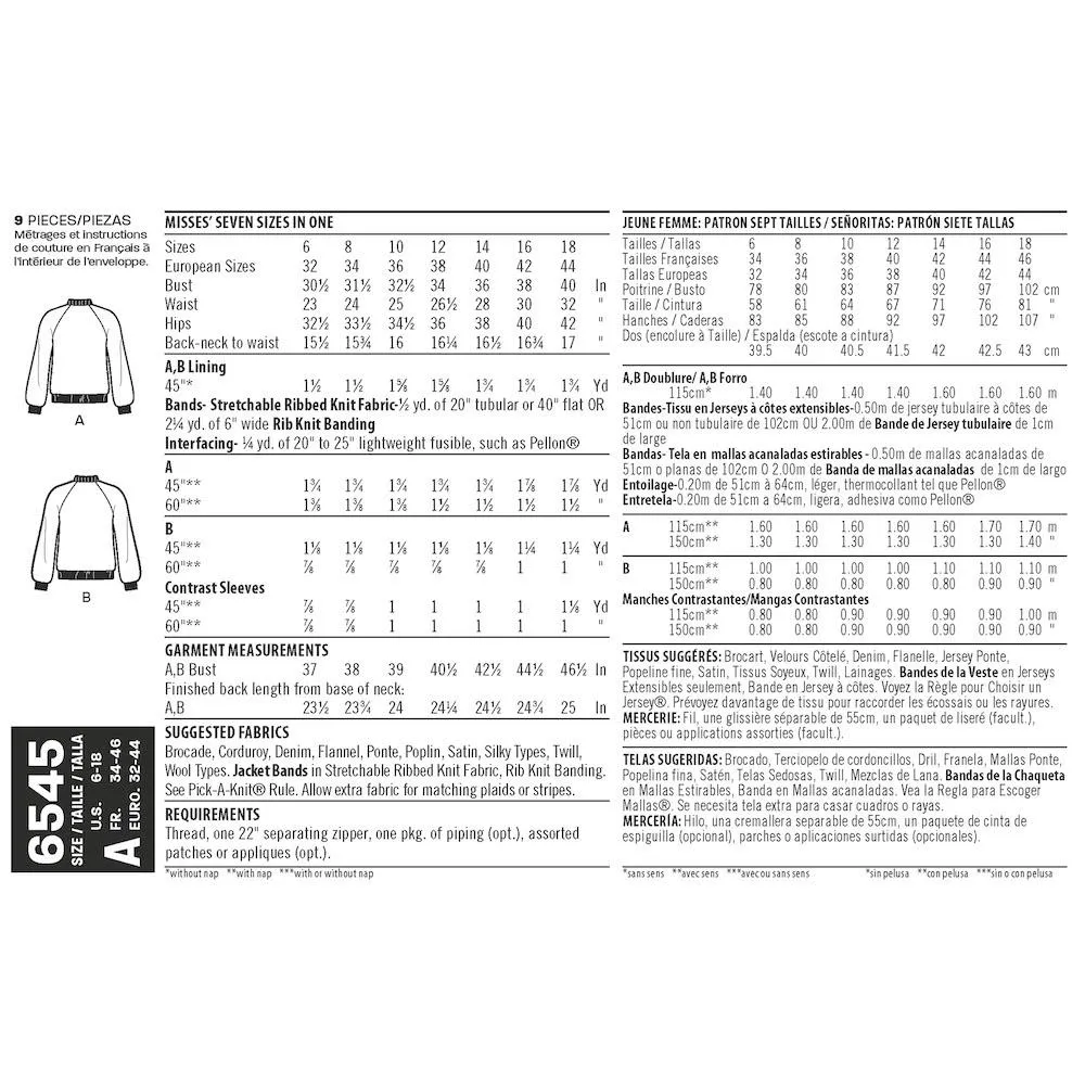 Newlook Pattern 6545 Misses' Flight Jacket