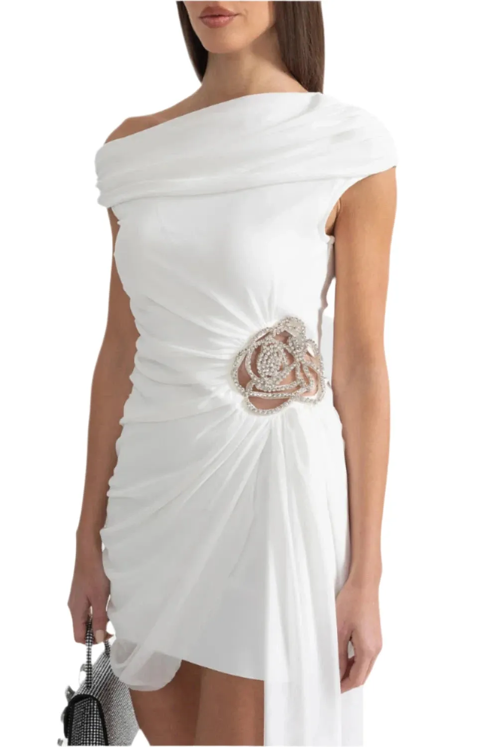 NISA ONE-SHOULDER DRAPED  WITH SILVER FLORAL BROOCH BODYCON DRESS