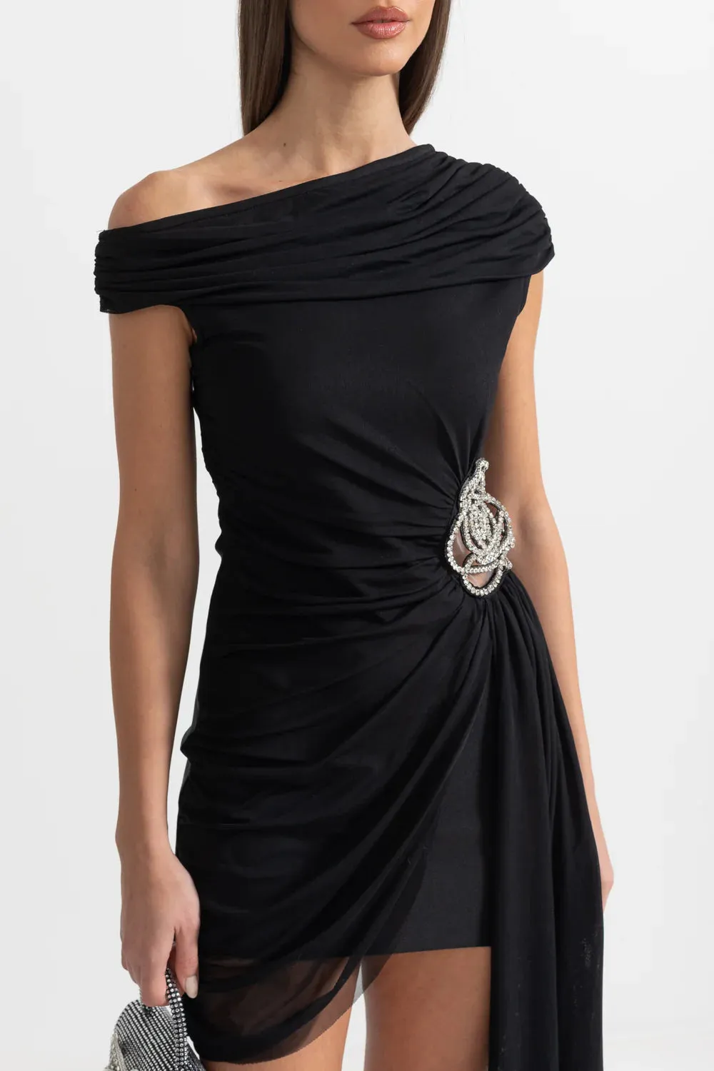 NISA ONE-SHOULDER DRAPED  WITH SILVER FLORAL BROOCH BODYCON DRESS