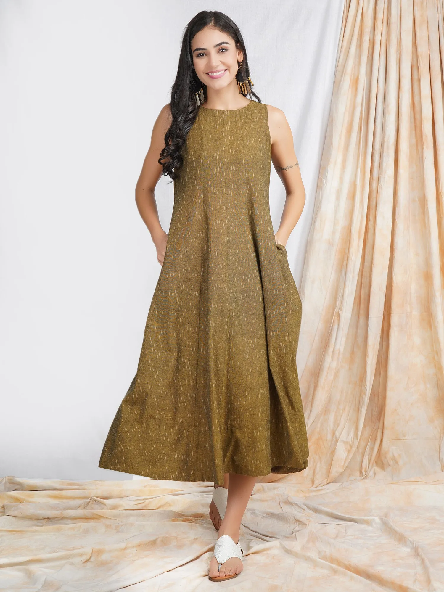 Olive Ikat Cotton 'Naira' Maxi Dress