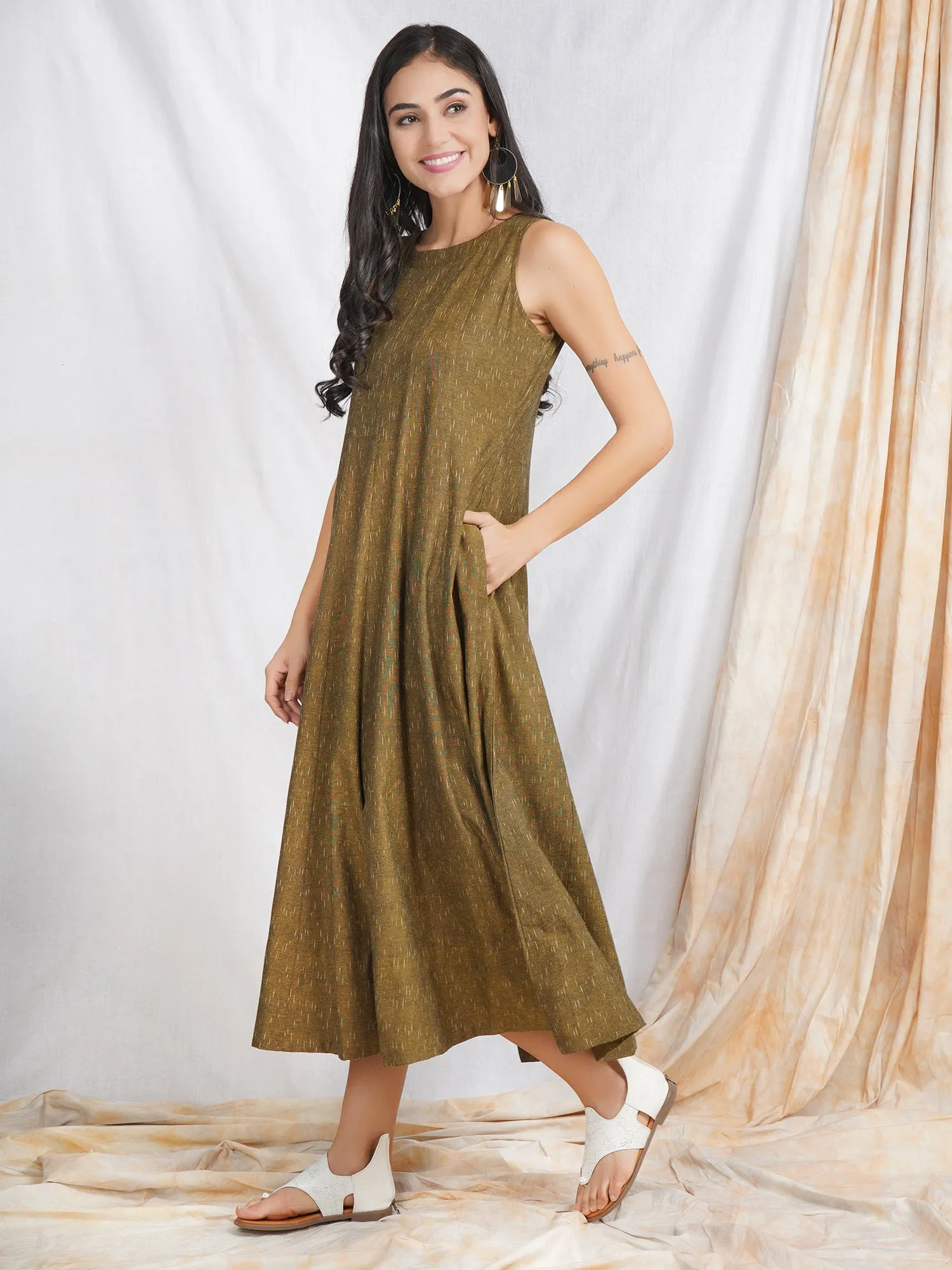 Olive Ikat Cotton 'Naira' Maxi Dress
