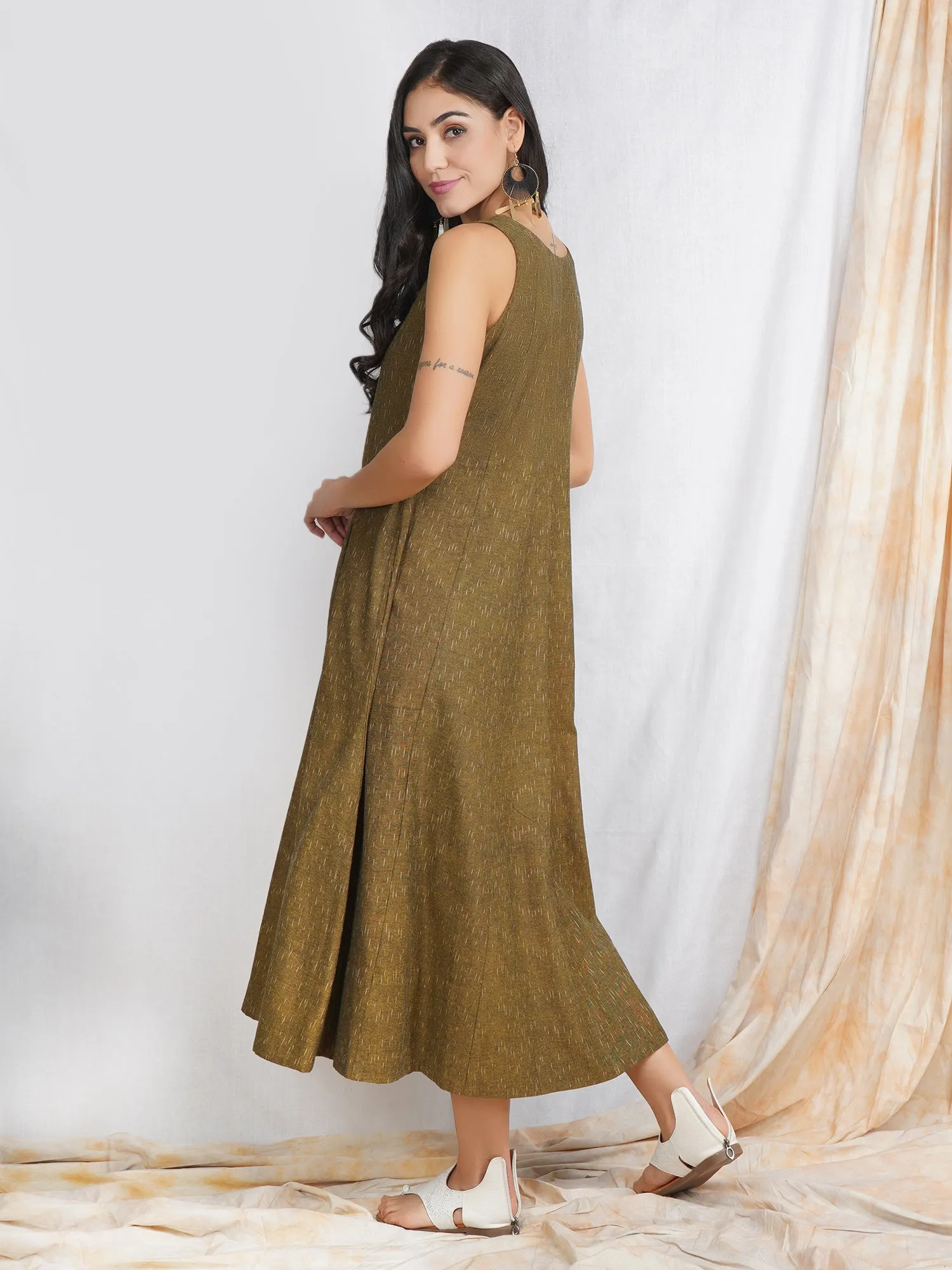Olive Ikat Cotton 'Naira' Maxi Dress