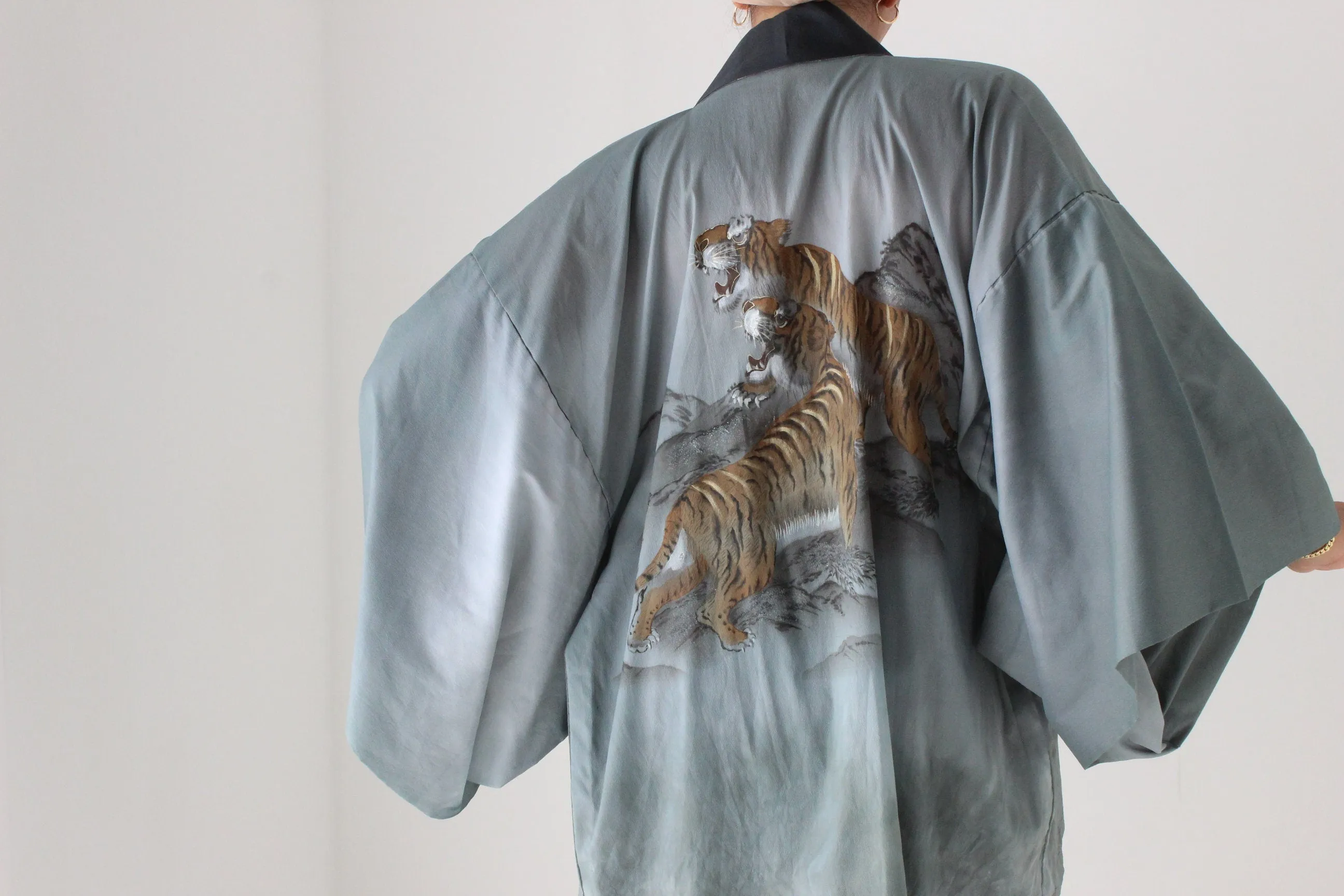 One of a Kind Vintage 1980s Hand Painted Japanese Tiger Kimono