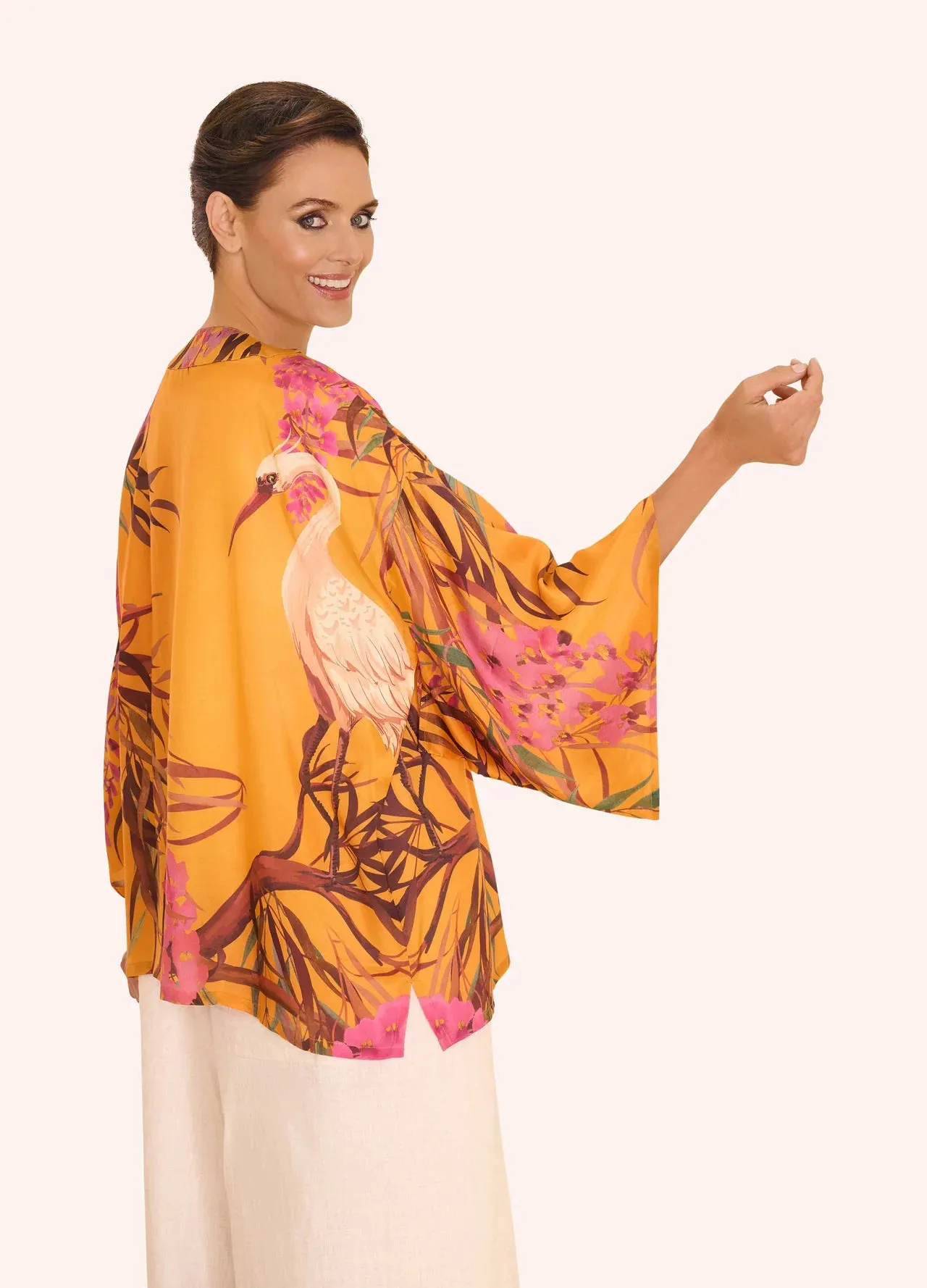 Oriental Crane Kimono Jacket by Powder UK in Ochre