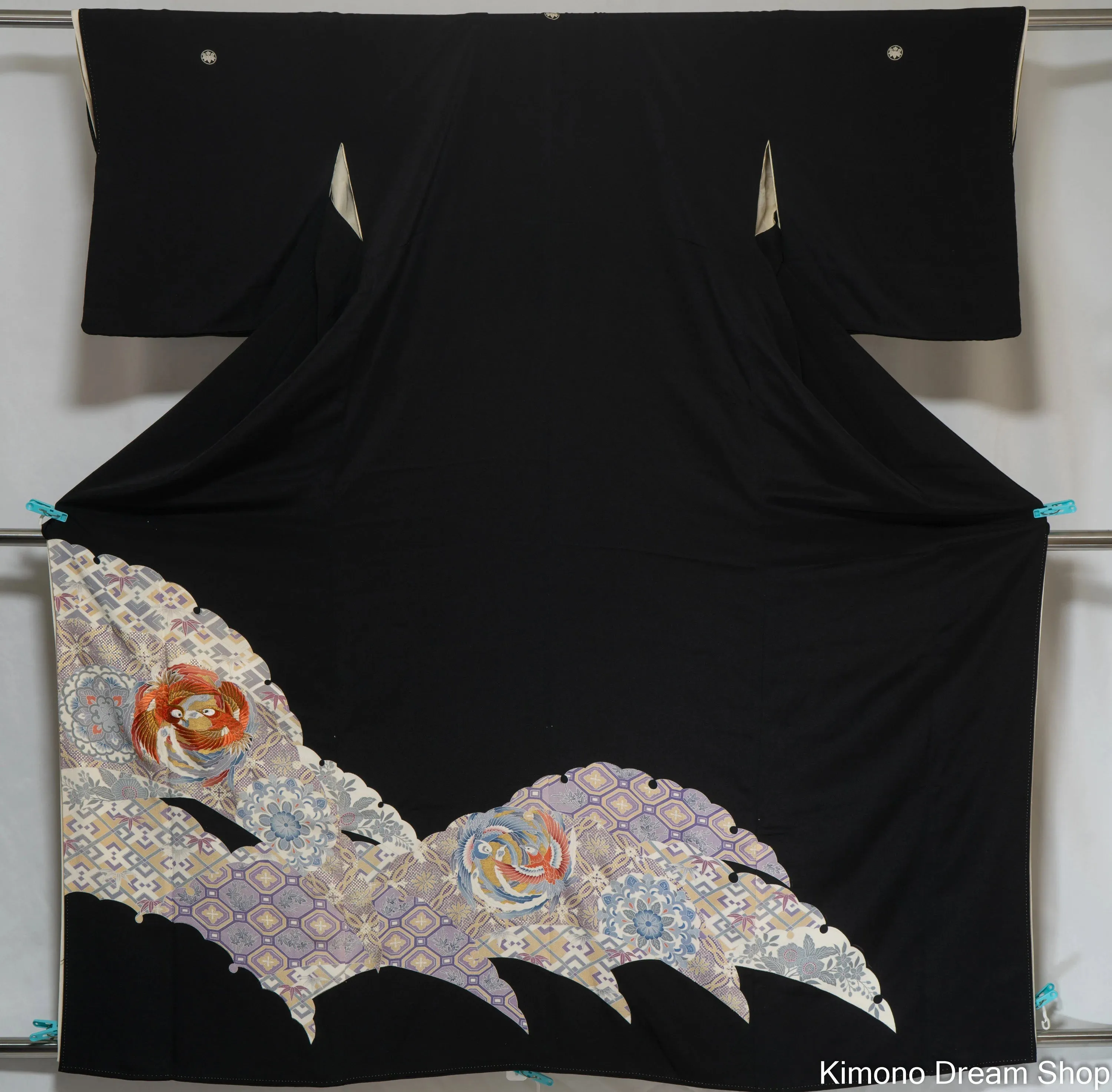 Phoenixes Mating Dance Tomesode - Formal Chirimen Silk Wedding Kimono - Bridesmaids Wedding Guests Good Luck for Marriages - Circular Dark