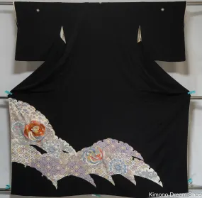 Phoenixes Mating Dance Tomesode - Formal Chirimen Silk Wedding Kimono - Bridesmaids Wedding Guests Good Luck for Marriages - Circular Dark