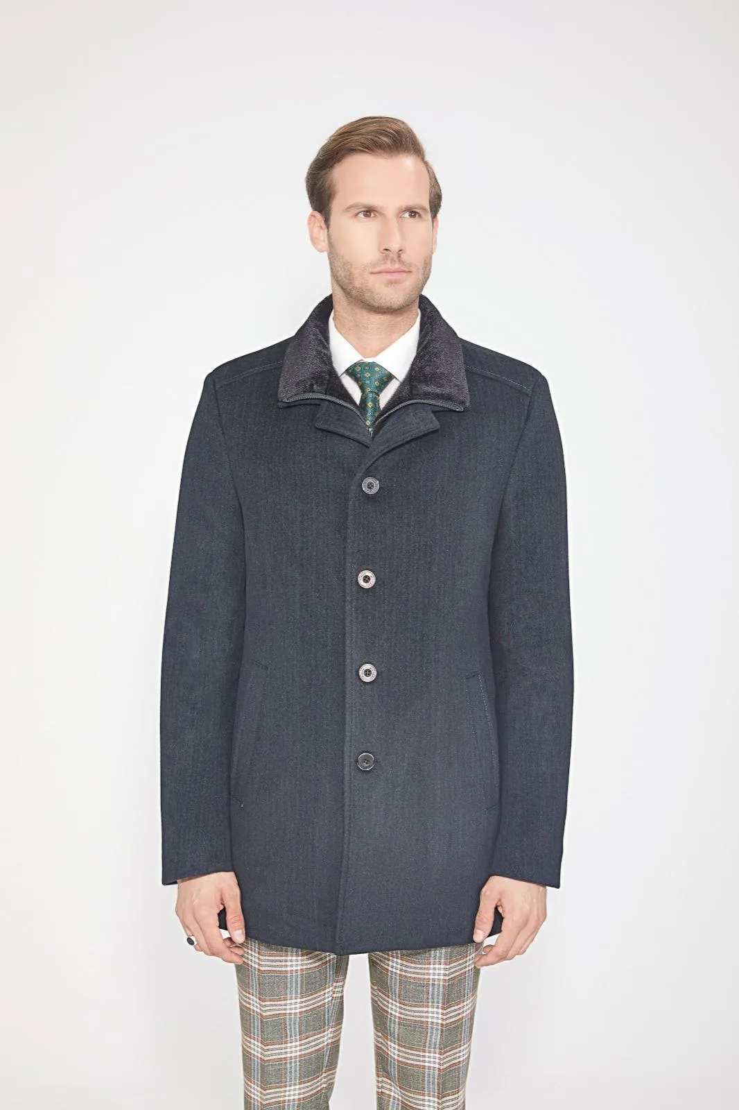 Pierre Carlos Mens Green 3/4 Length Wool Cashmere Overcoat Topcoat