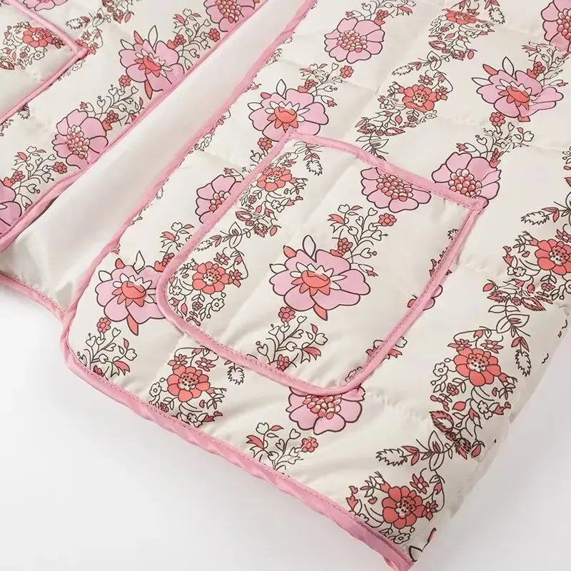 Pink Flower Print Stand neck Quilted Jacket