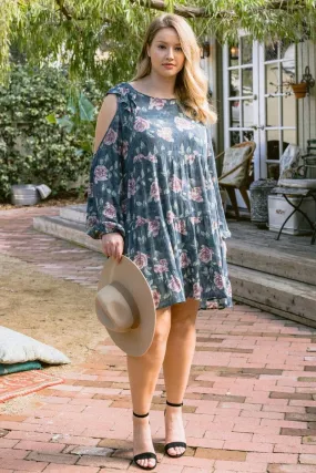 Plus Size Vintage Jade Blue Floral Cold Shoulder Long Sleeve Babydoll Dress