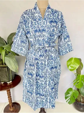 Pure Cotton Kimono Indian Handprinted Boho House Robe Summer Dress, White Blue Floral Beach Coverup Maternity Mom Bridal