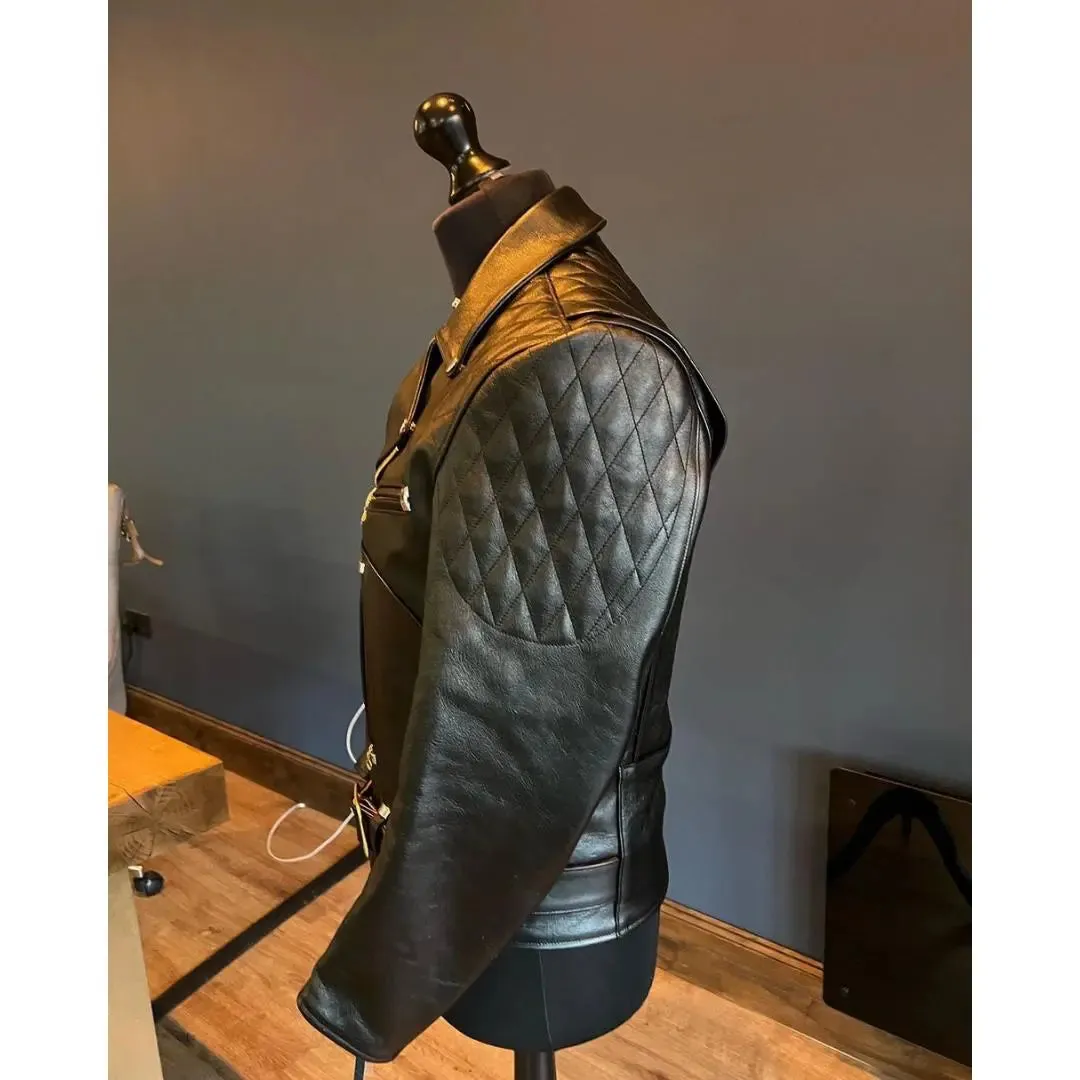 Quilted Shoulder Biker Leather Jacket