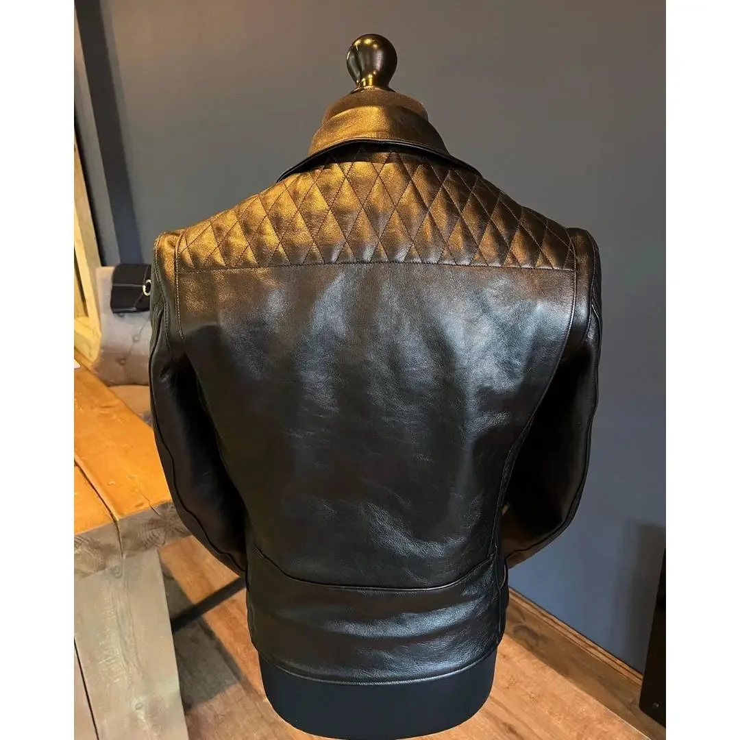 Quilted Shoulder Biker Leather Jacket