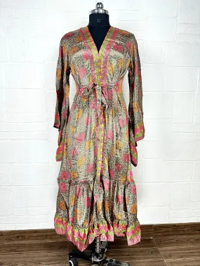 Recycle Boho House Robe Kimono Vintage Silk Sari Dressing Gown, Beach Coverup, Bridesmaid, Anniversary Gift Her | Floral Print Brown