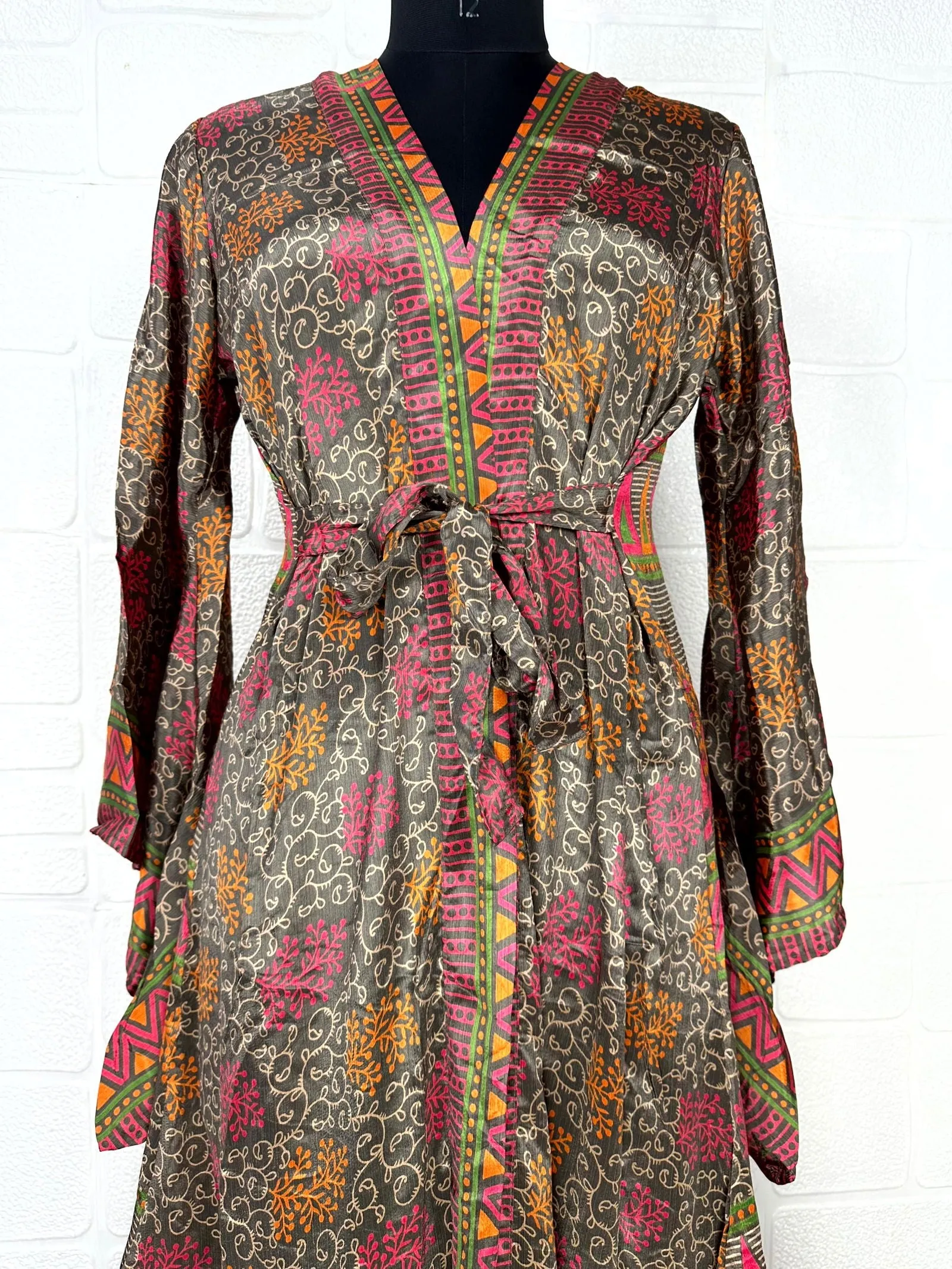 Recycle Boho House Robe Kimono Vintage Silk Sari Dressing Gown, Beach Coverup, Bridesmaid, Anniversary Gift Her | Floral Print Brown