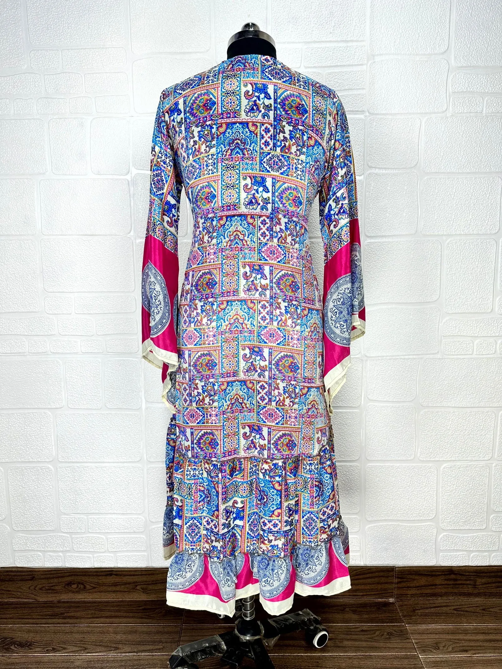 Recycle Boho House Robe Kimono Vintage Silk Sari Dressing Gown, Beach Coverup, Bridesmaid, Anniversary Gift Her | Mandala Print Blue Pink