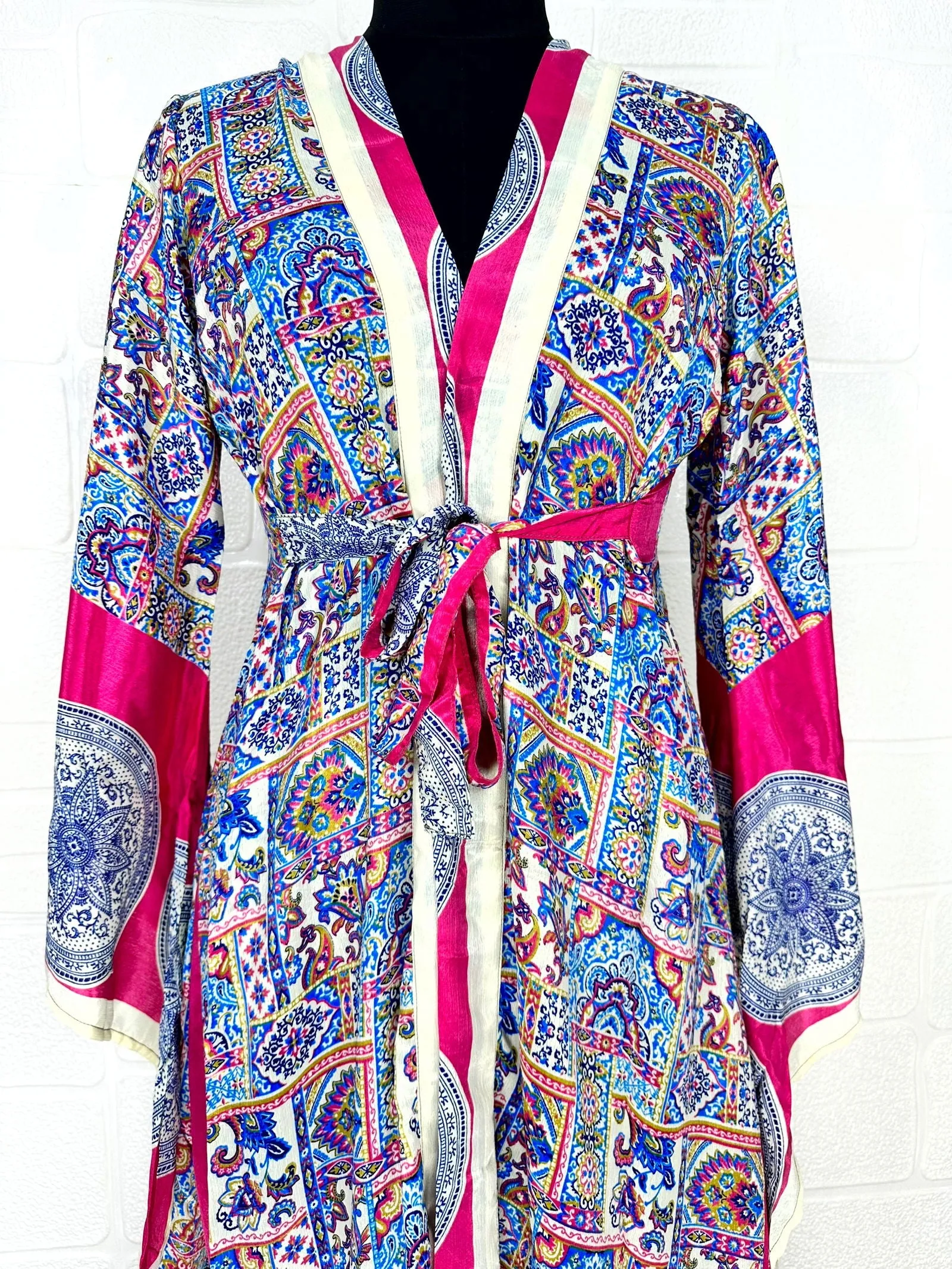 Recycle Boho House Robe Kimono Vintage Silk Sari Dressing Gown, Beach Coverup, Bridesmaid, Anniversary Gift Her | Mandala Print Blue Pink