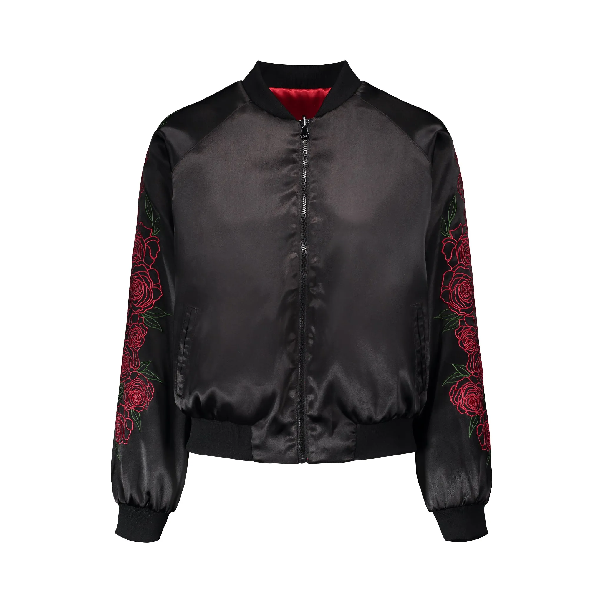 Red Rose Embroidered Reversible Bomber Jacket