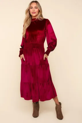 Red Velvet  Babydoll Tiered Dress with Mock Neck, Smocked Waist & Bubble Sleeves