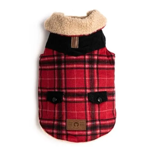 Red Wool Plaid Shearling Dog Coat