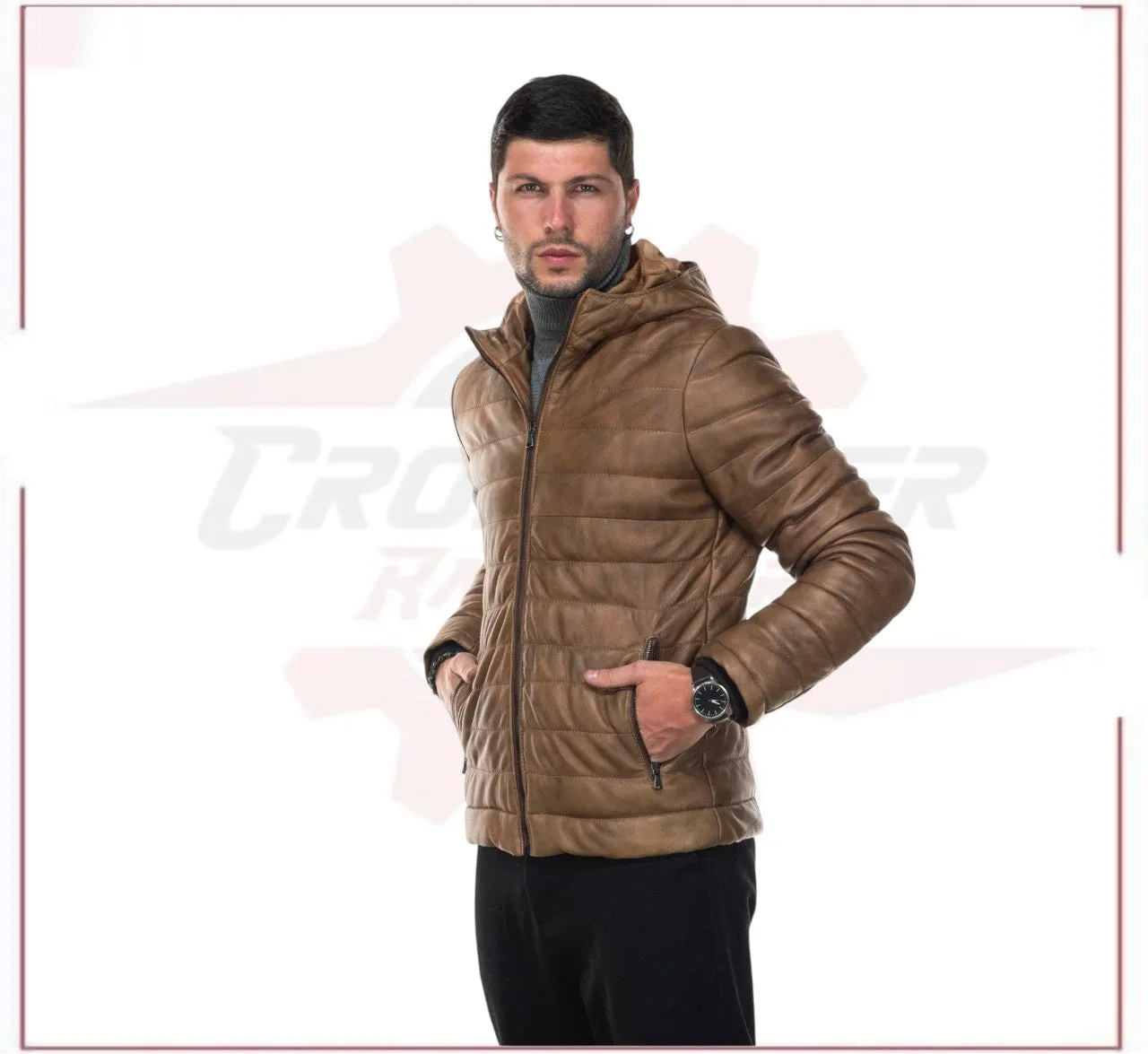 Rio - Men's Down Jacket in Genuine Brown Leather