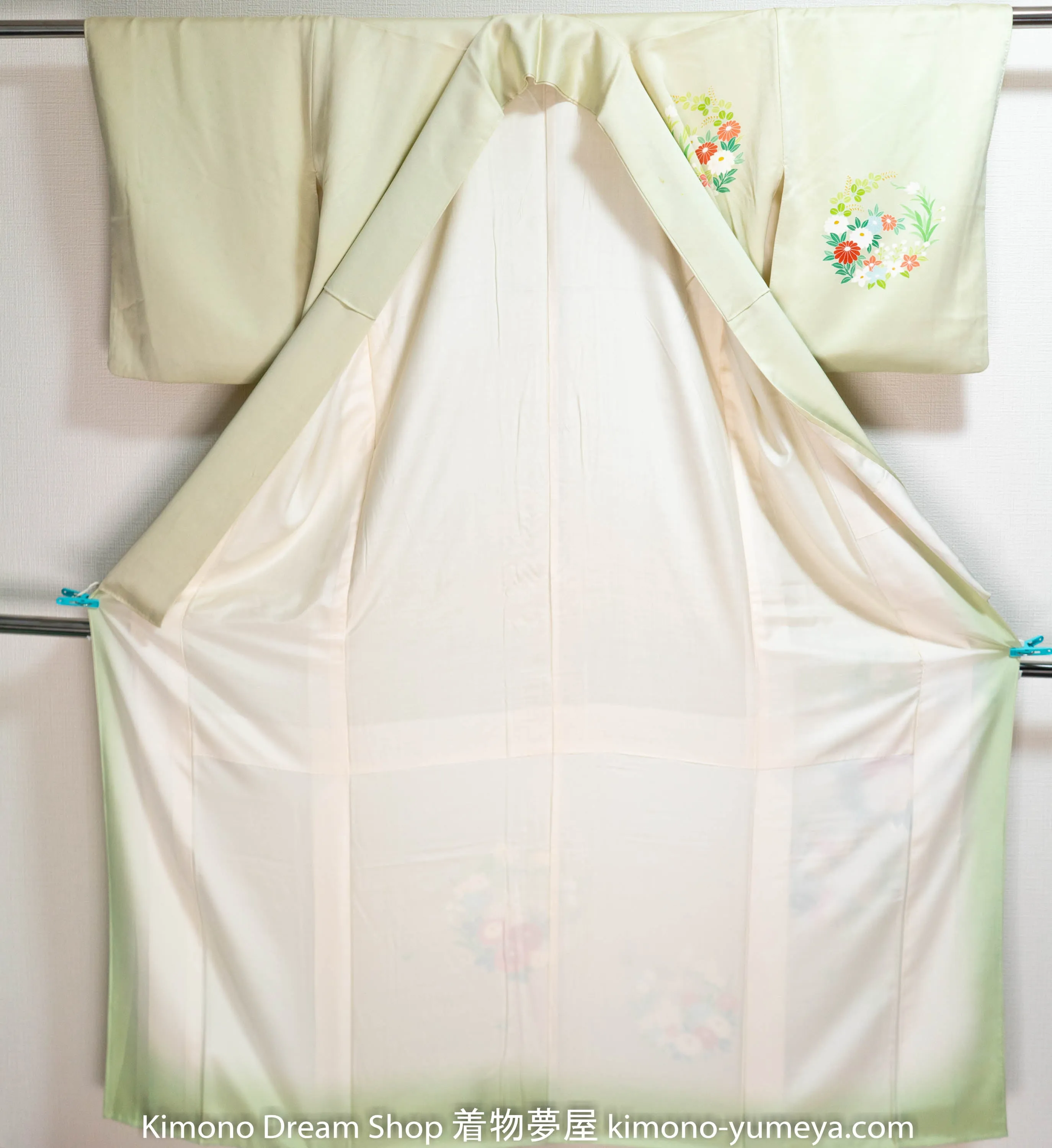 Smooth Light Green Silk Homongi - Kimono Floral Circular Sakura Chinese Bellflowers Blossoms Fading