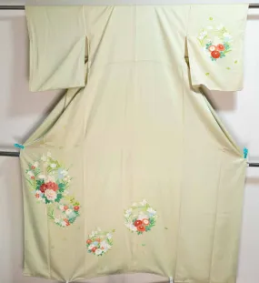 Smooth Light Green Silk Homongi - Kimono Floral Circular Sakura Chinese Bellflowers Blossoms Fading