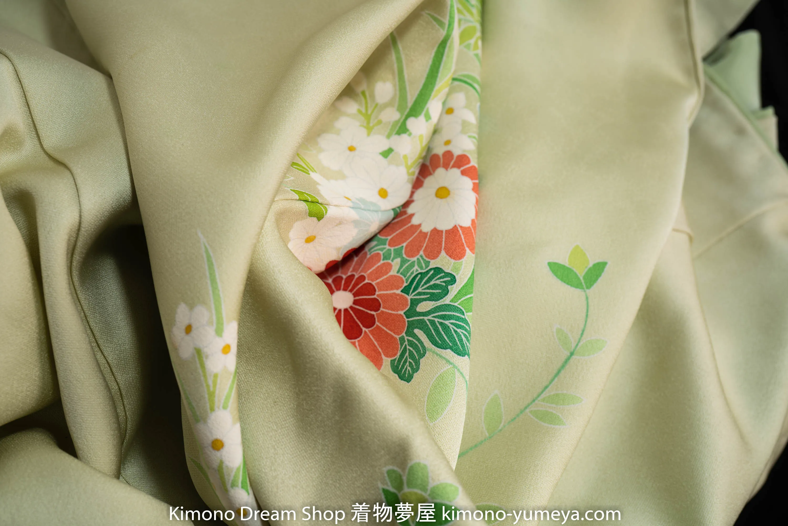 Smooth Light Green Silk Homongi - Kimono Floral Circular Sakura Chinese Bellflowers Blossoms Fading