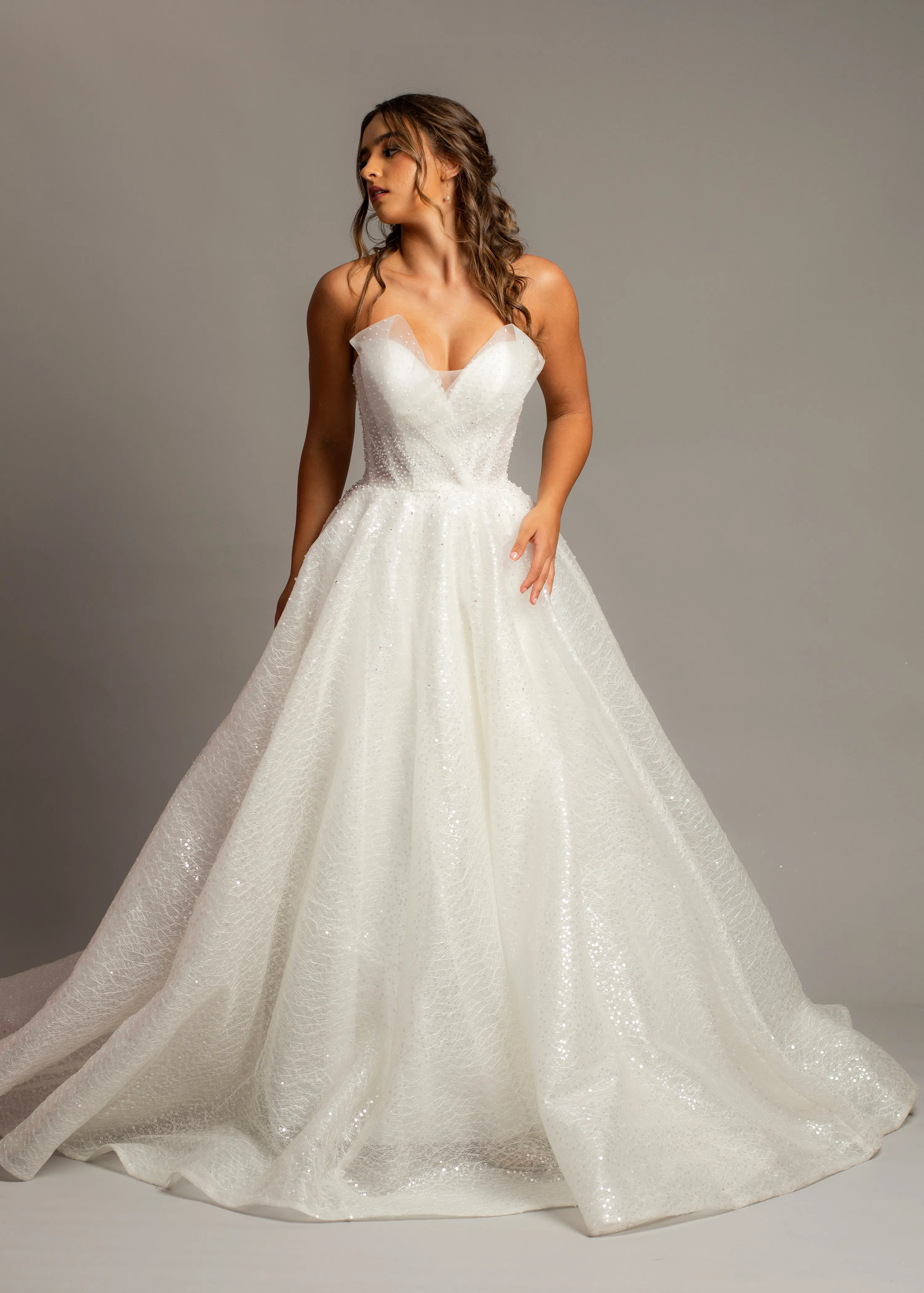 Strapless sparkling 3D neckline sequin tulle princess dress for hire