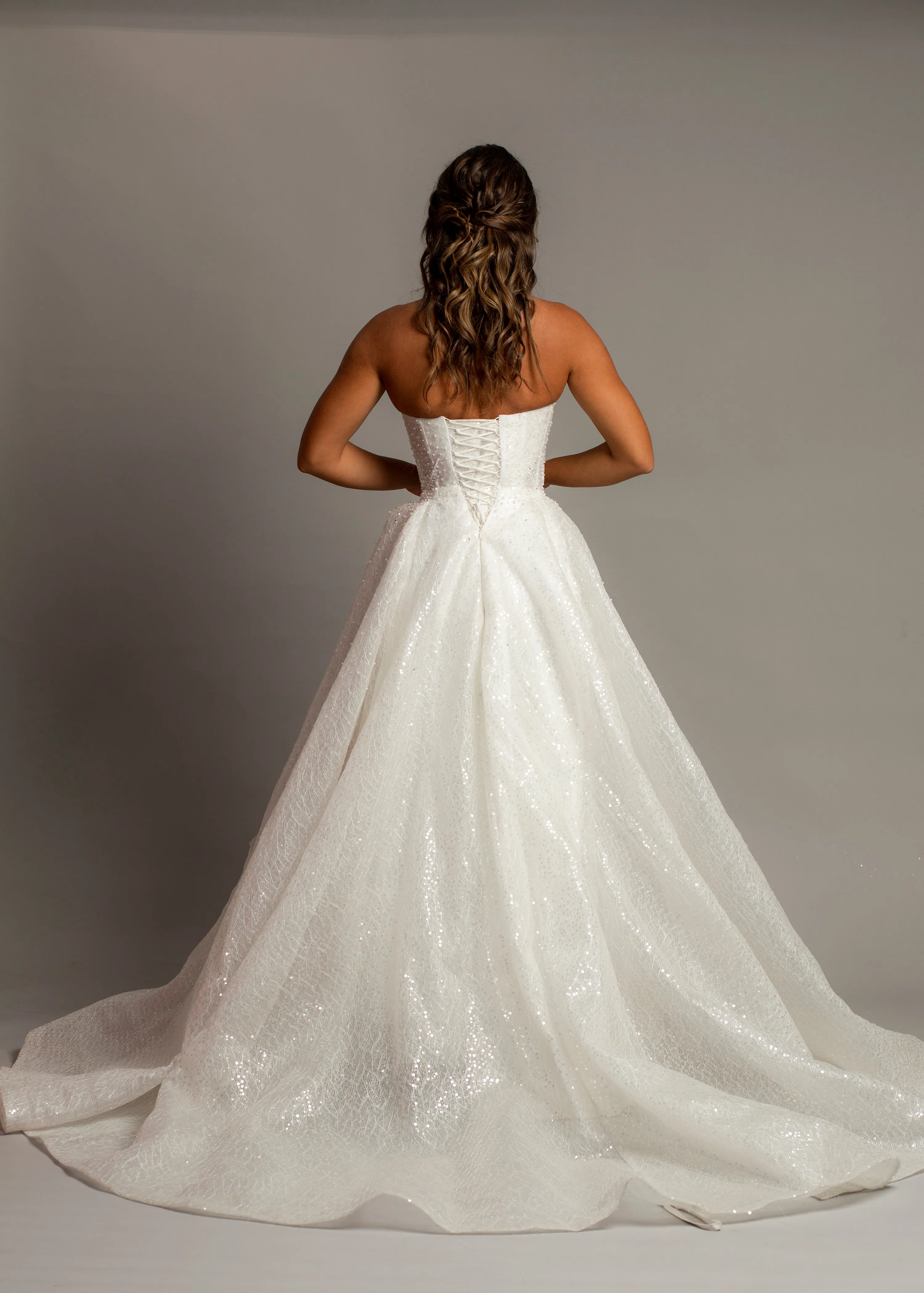 Strapless sparkling 3D neckline sequin tulle princess dress for hire