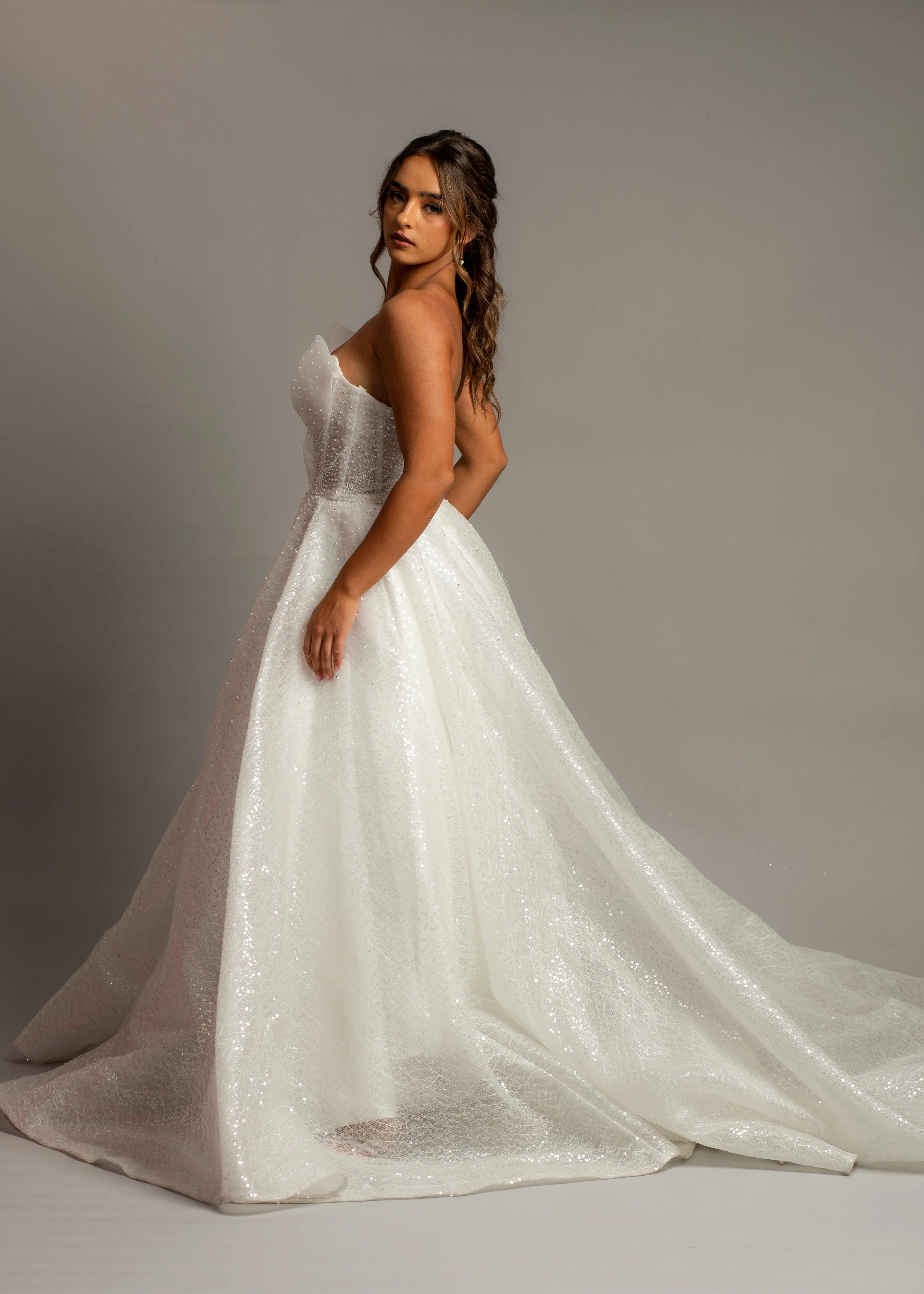 Strapless sparkling 3D neckline sequin tulle princess dress for hire