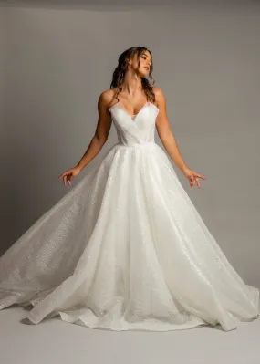 Strapless sparkling 3D neckline sequin tulle princess dress for hire