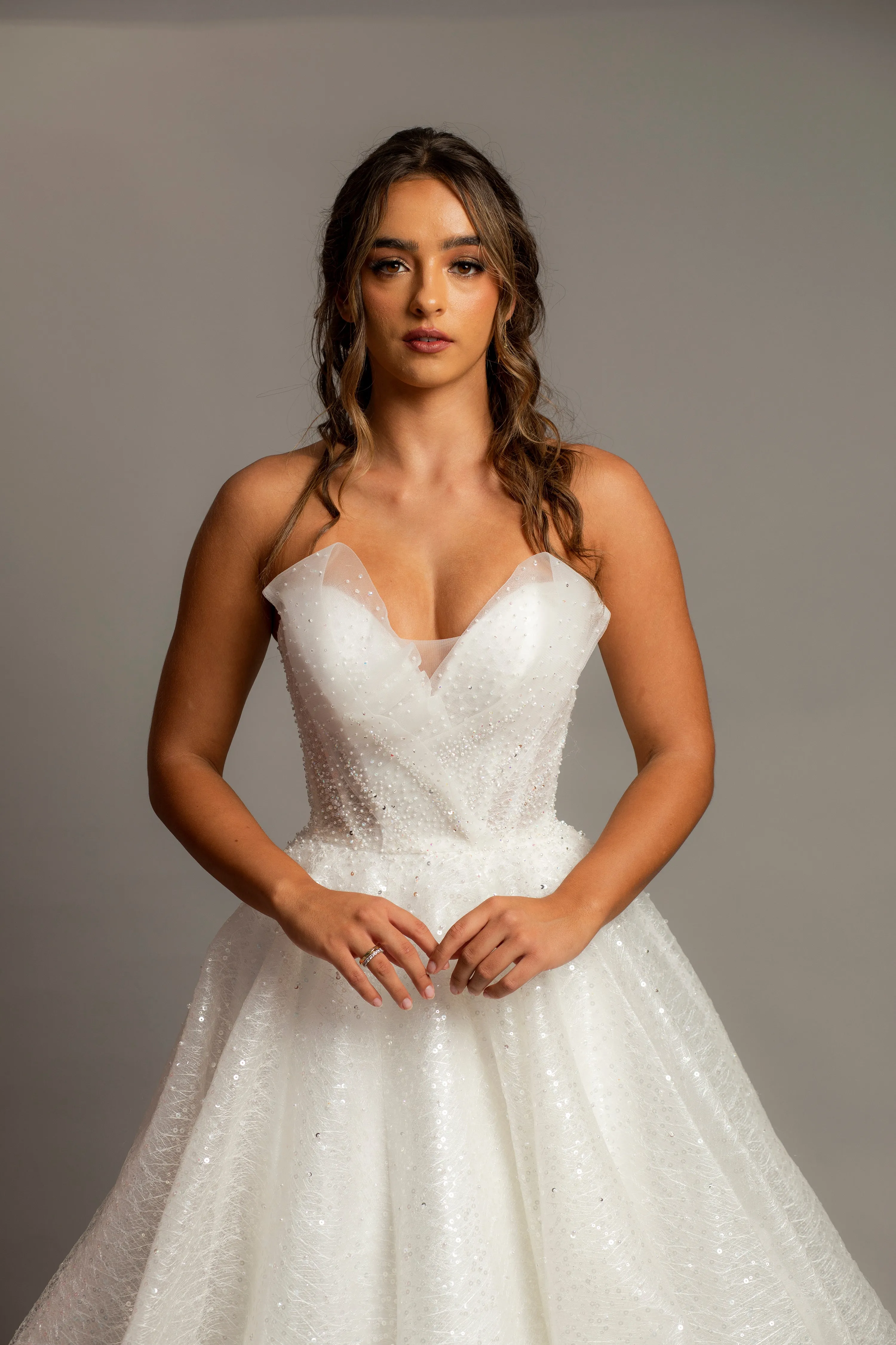 Strapless sparkling 3D neckline sequin tulle princess dress for hire
