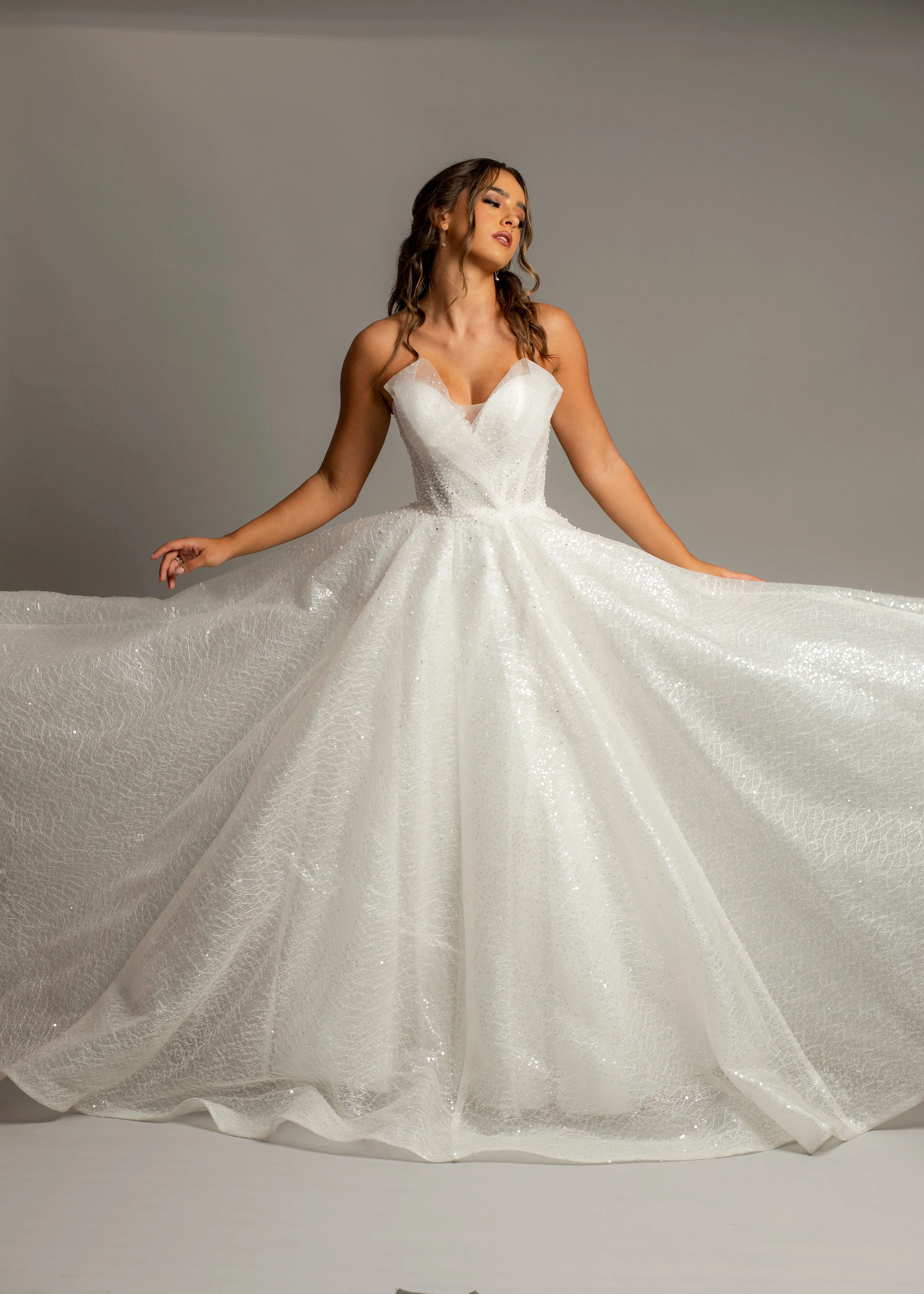 Strapless sparkling 3D neckline sequin tulle princess dress for hire