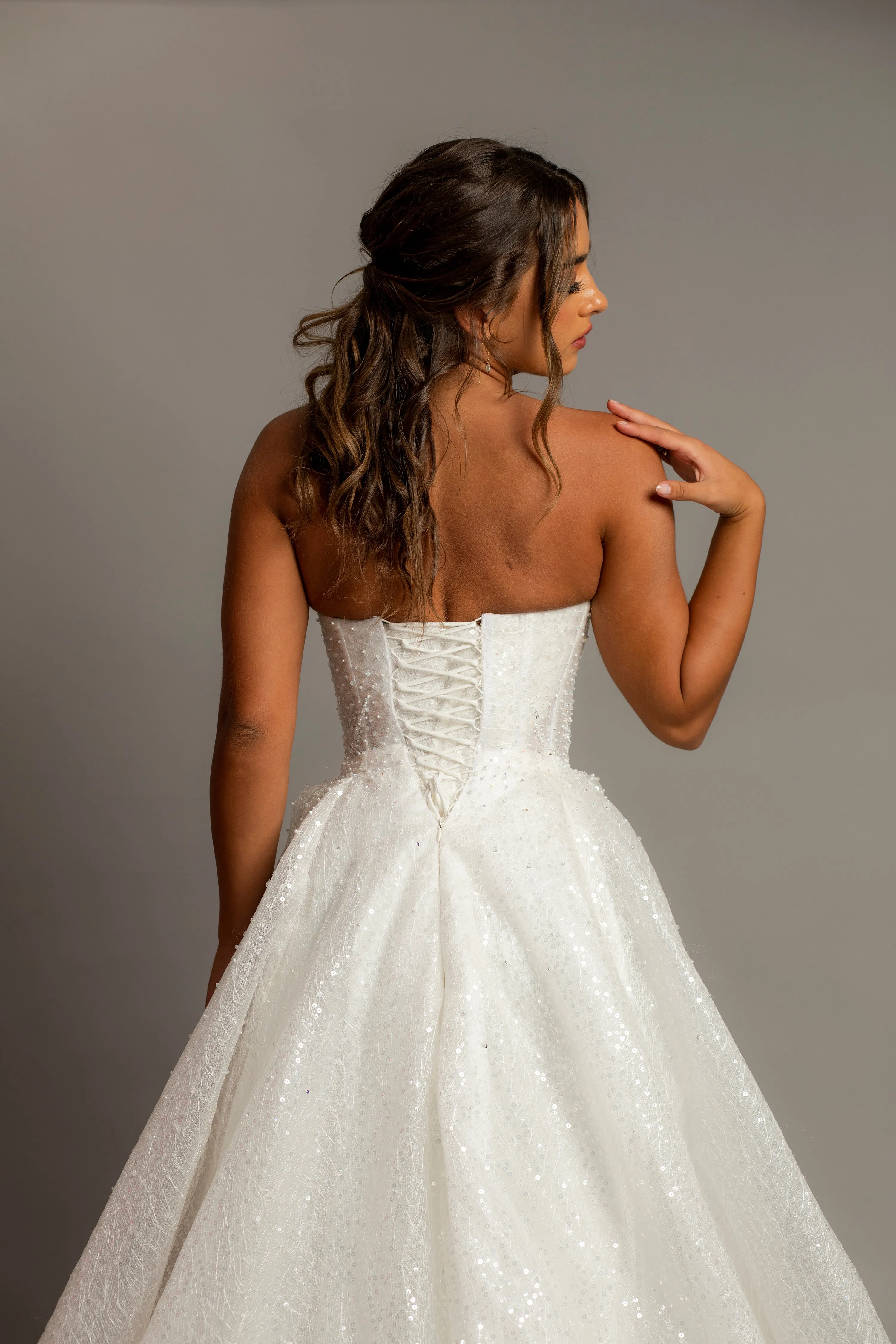 Strapless sparkling 3D neckline sequin tulle princess dress for hire