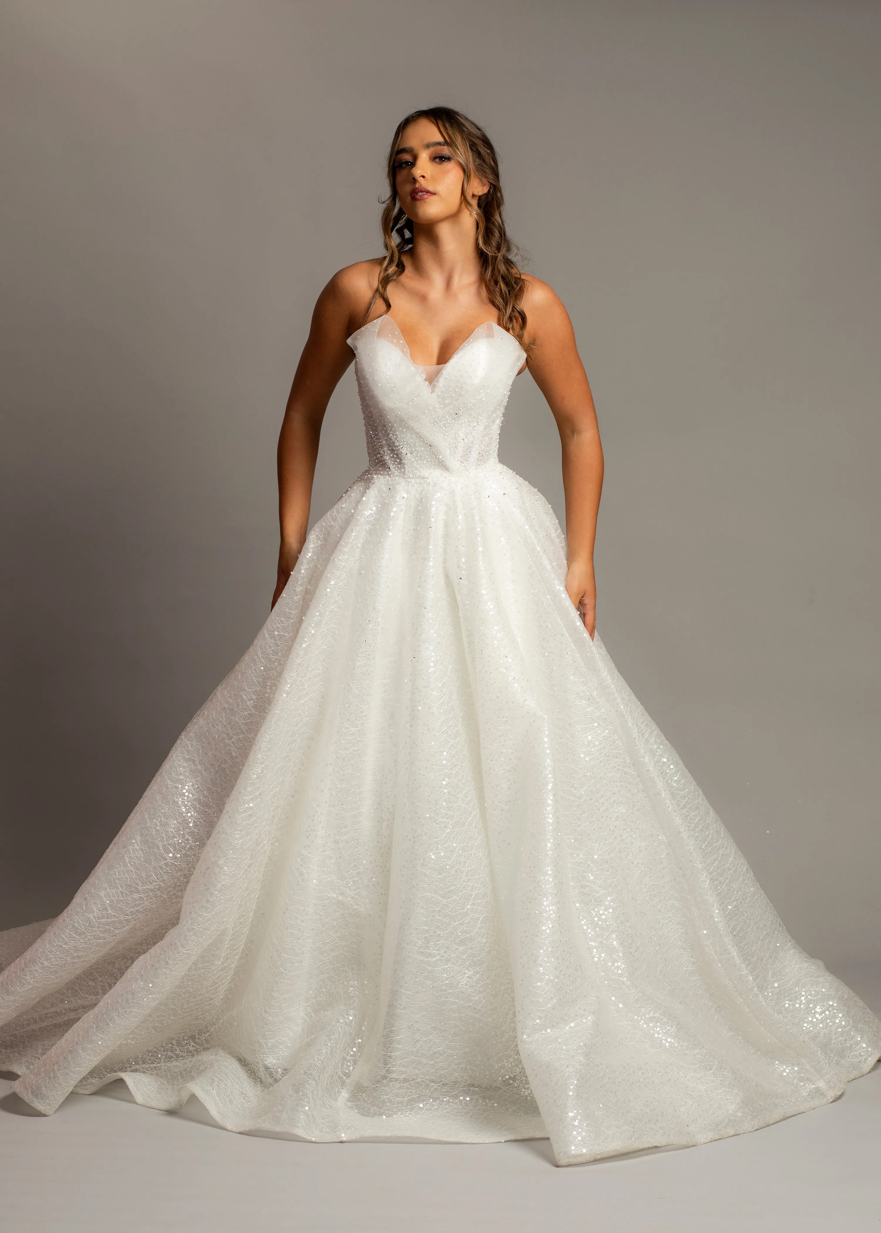 Strapless sparkling 3D neckline sequin tulle princess dress for hire