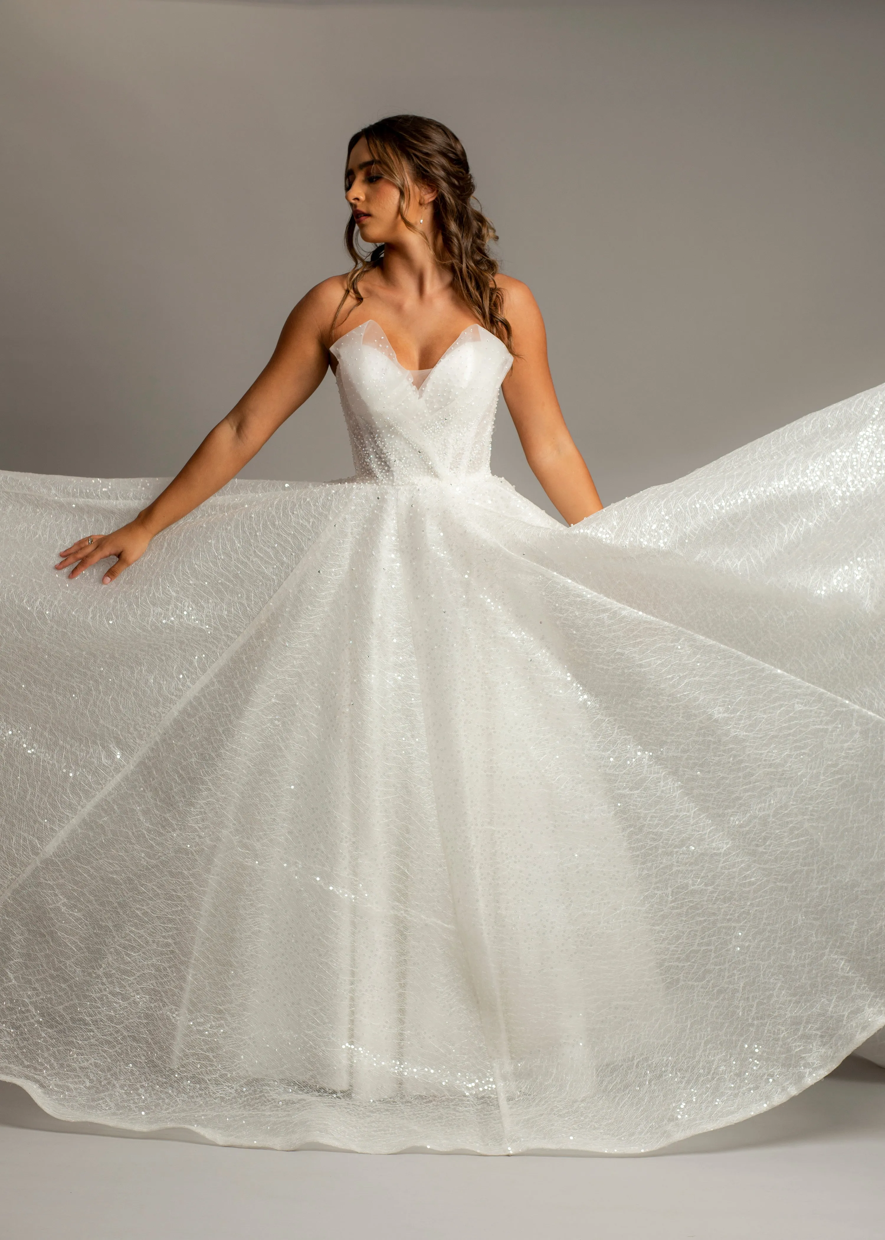 Strapless sparkling 3D neckline sequin tulle princess dress for hire