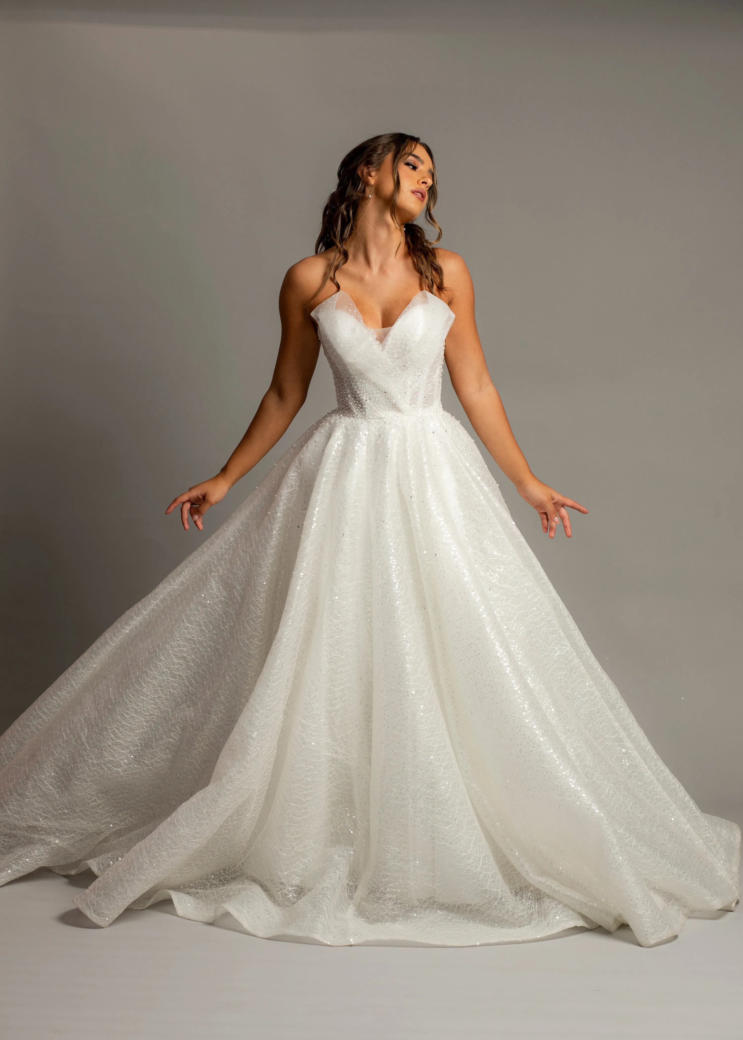 Strapless sparkling 3D neckline sequin tulle princess dress for hire