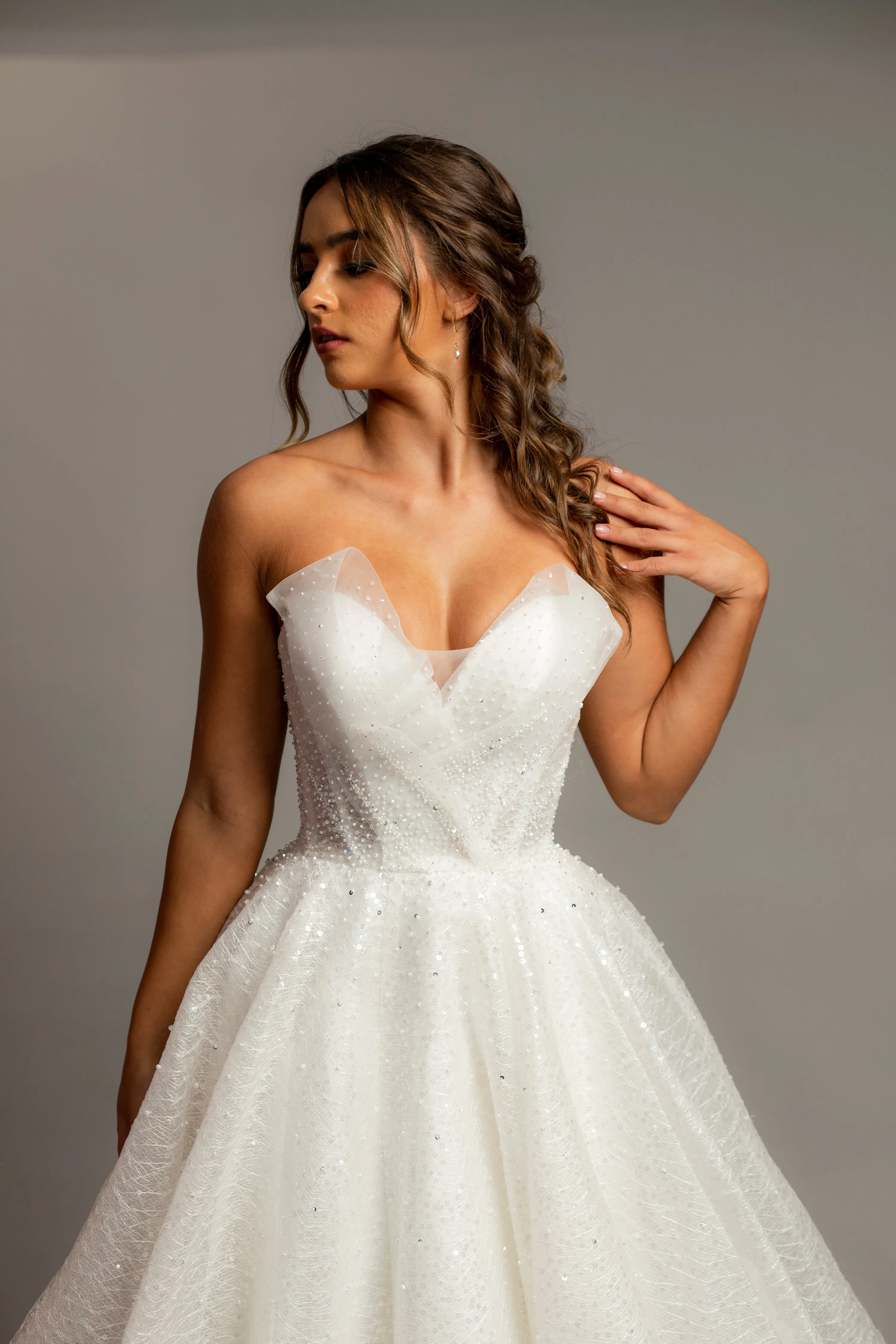 Strapless sparkling 3D neckline sequin tulle princess dress for hire