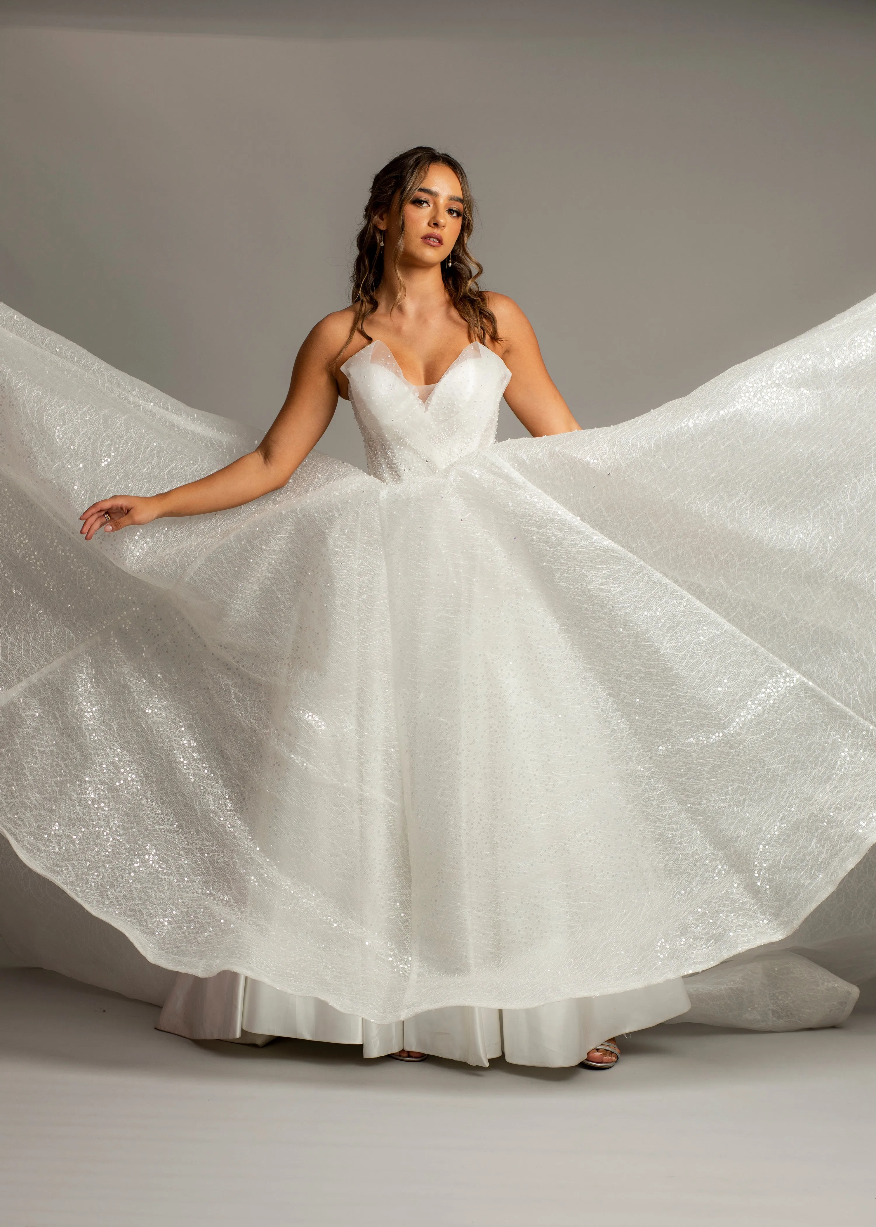 Strapless sparkling 3D neckline sequin tulle princess dress for hire
