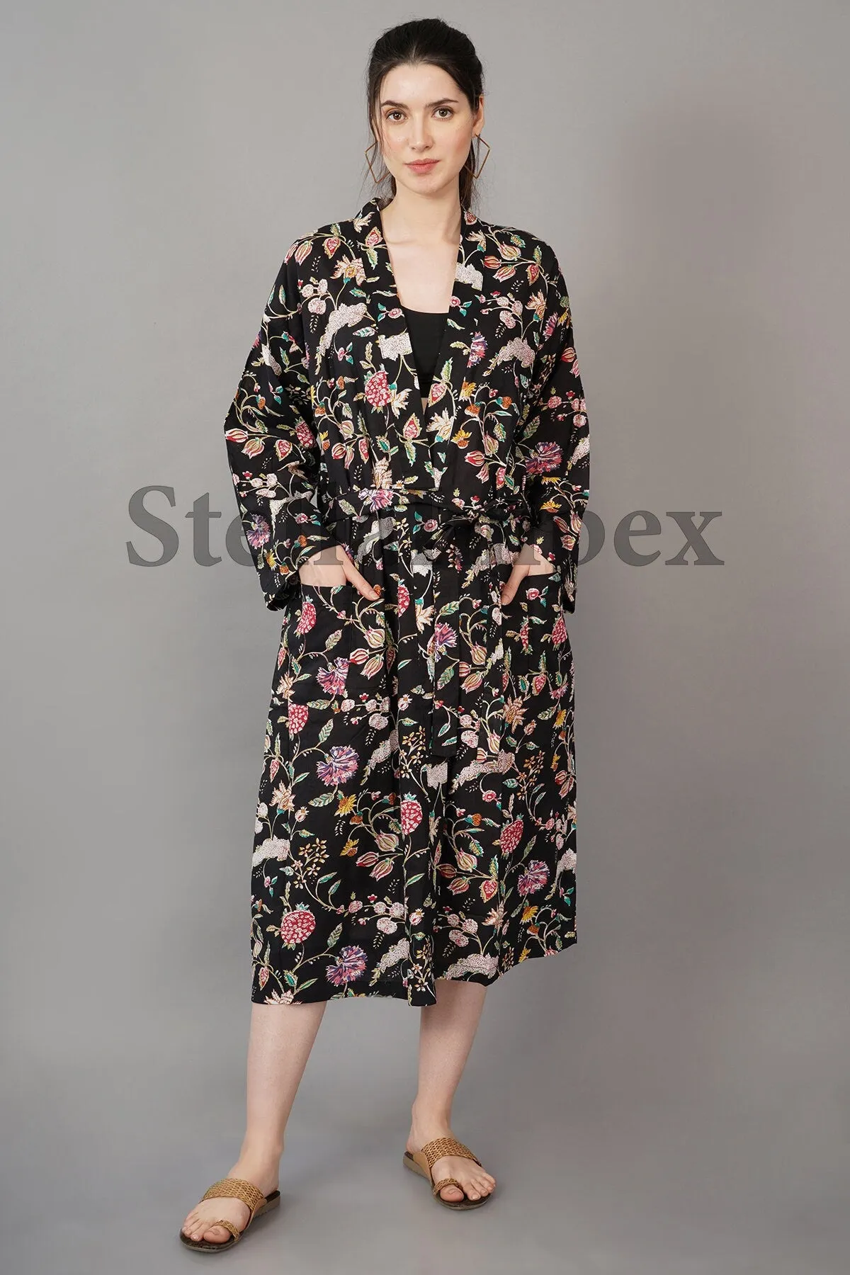 Trendy Cotton Kimono Elegant Black Floral Bathrobe Resort Wear Beach Bikini Cover-ups Boho Kimono Bathrobe, Gift for Her