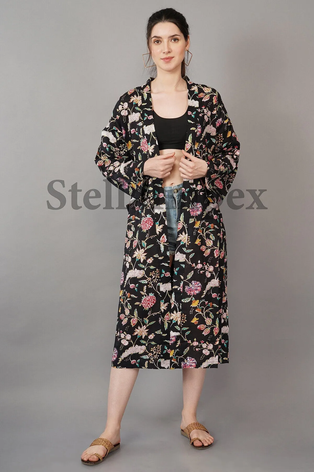 Trendy Cotton Kimono Elegant Black Floral Bathrobe Resort Wear Beach Bikini Cover-ups Boho Kimono Bathrobe, Gift for Her