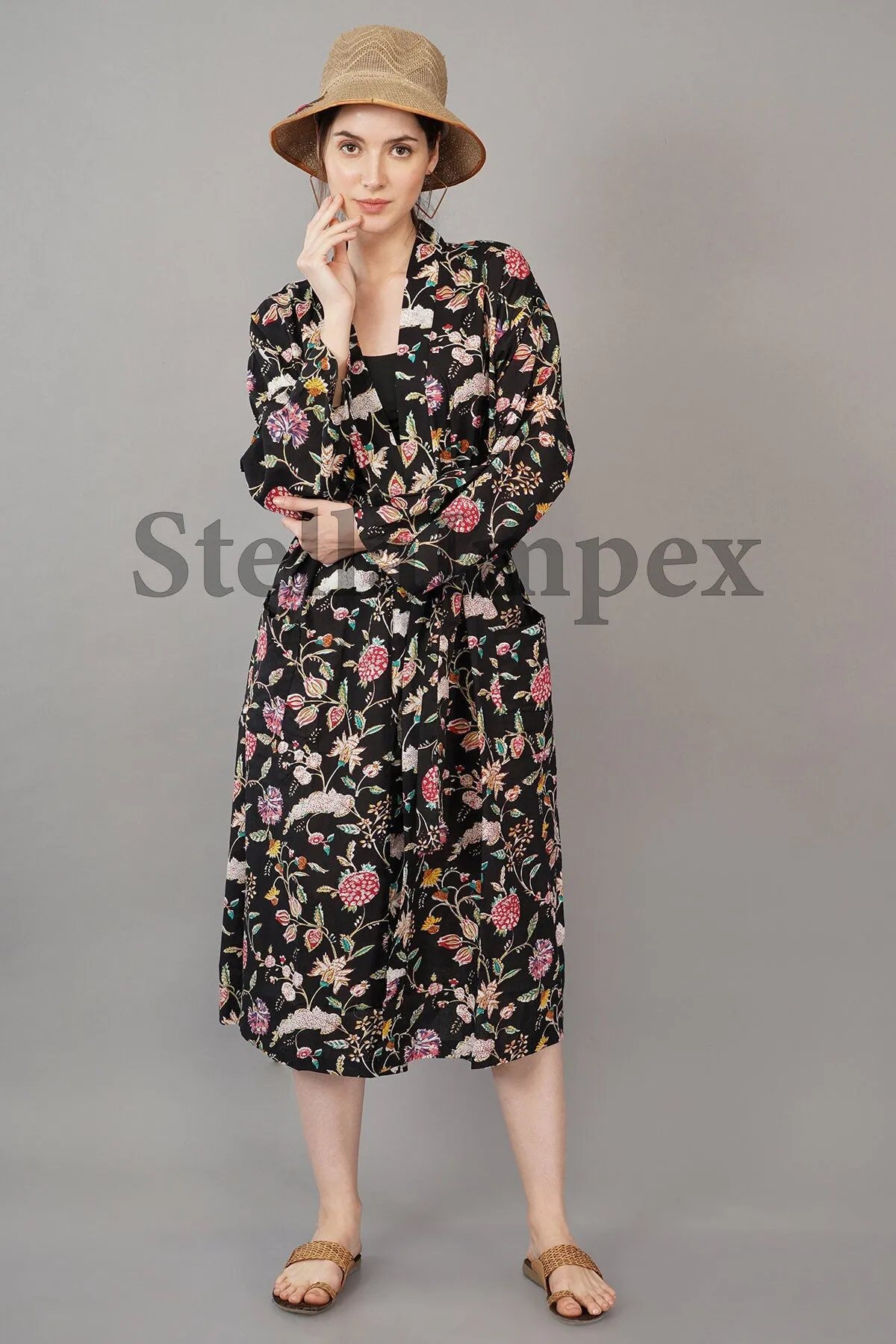Trendy Cotton Kimono Elegant Black Floral Bathrobe Resort Wear Beach Bikini Cover-ups Boho Kimono Bathrobe, Gift for Her