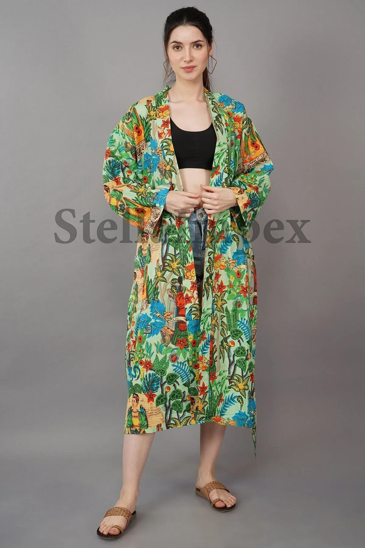 Trendy Cotton Kimono Elegant Green Bathrobe Resort Wear Beach Bikini Cover-ups Boho Kimono Bathrobe, Gift for Her