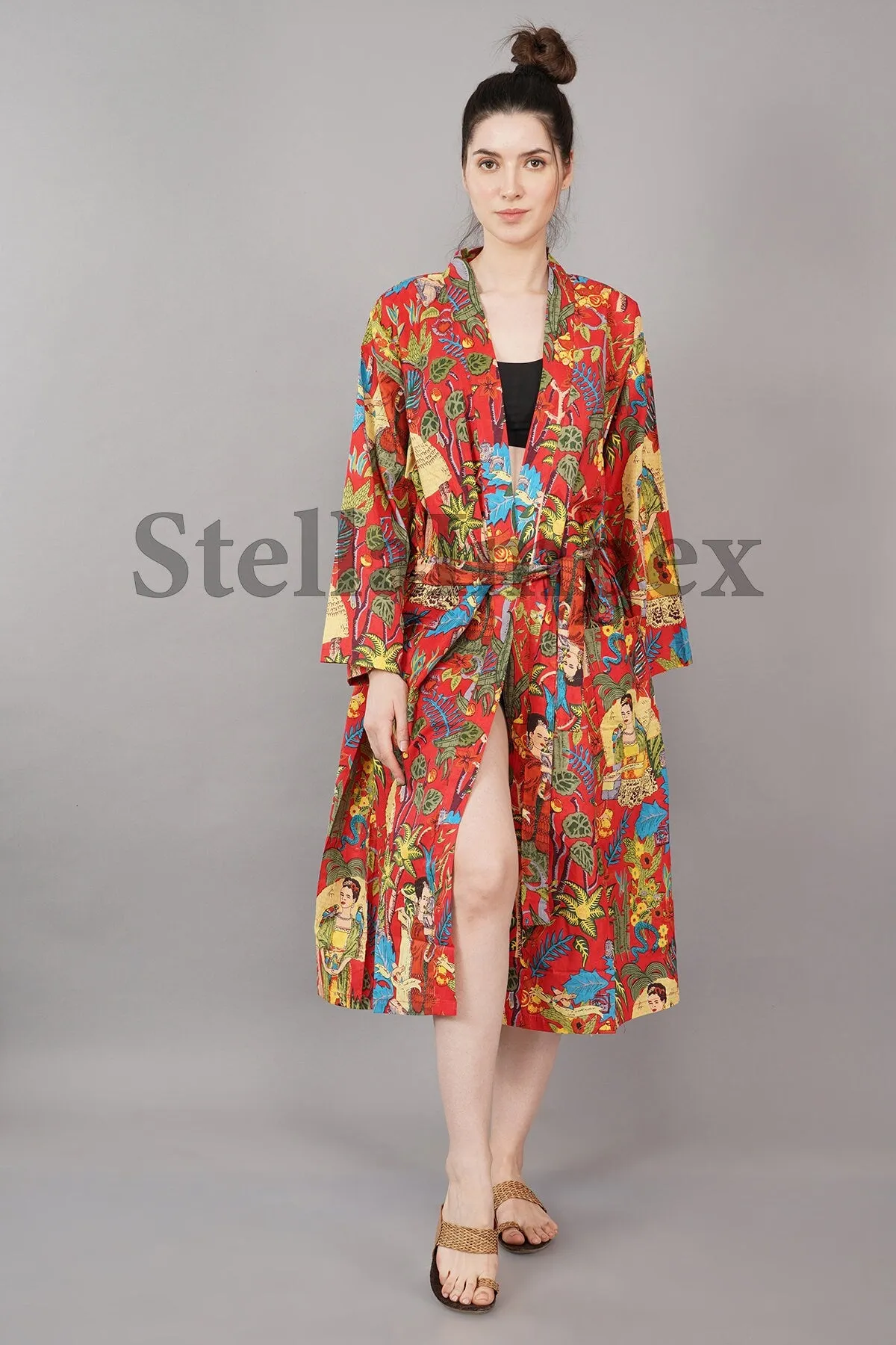 Trendy Cotton Kimono Elegant Red Frida Kahlo Print Bathrobe Resort Wear Beach Bikini Cover-ups Boho Kimono Bathrobe, Gift for Her