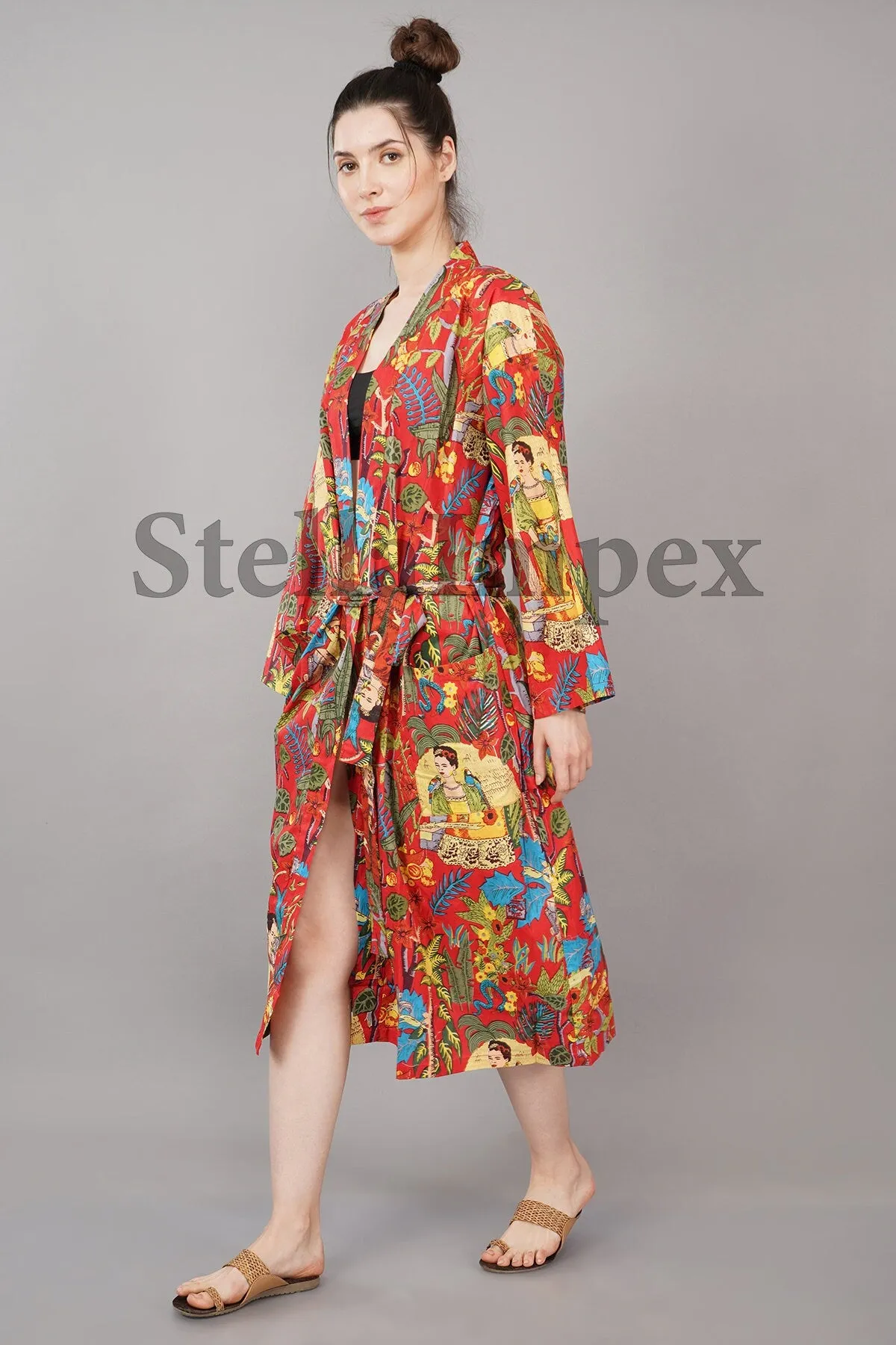 Trendy Cotton Kimono Elegant Red Frida Kahlo Print Bathrobe Resort Wear Beach Bikini Cover-ups Boho Kimono Bathrobe, Gift for Her