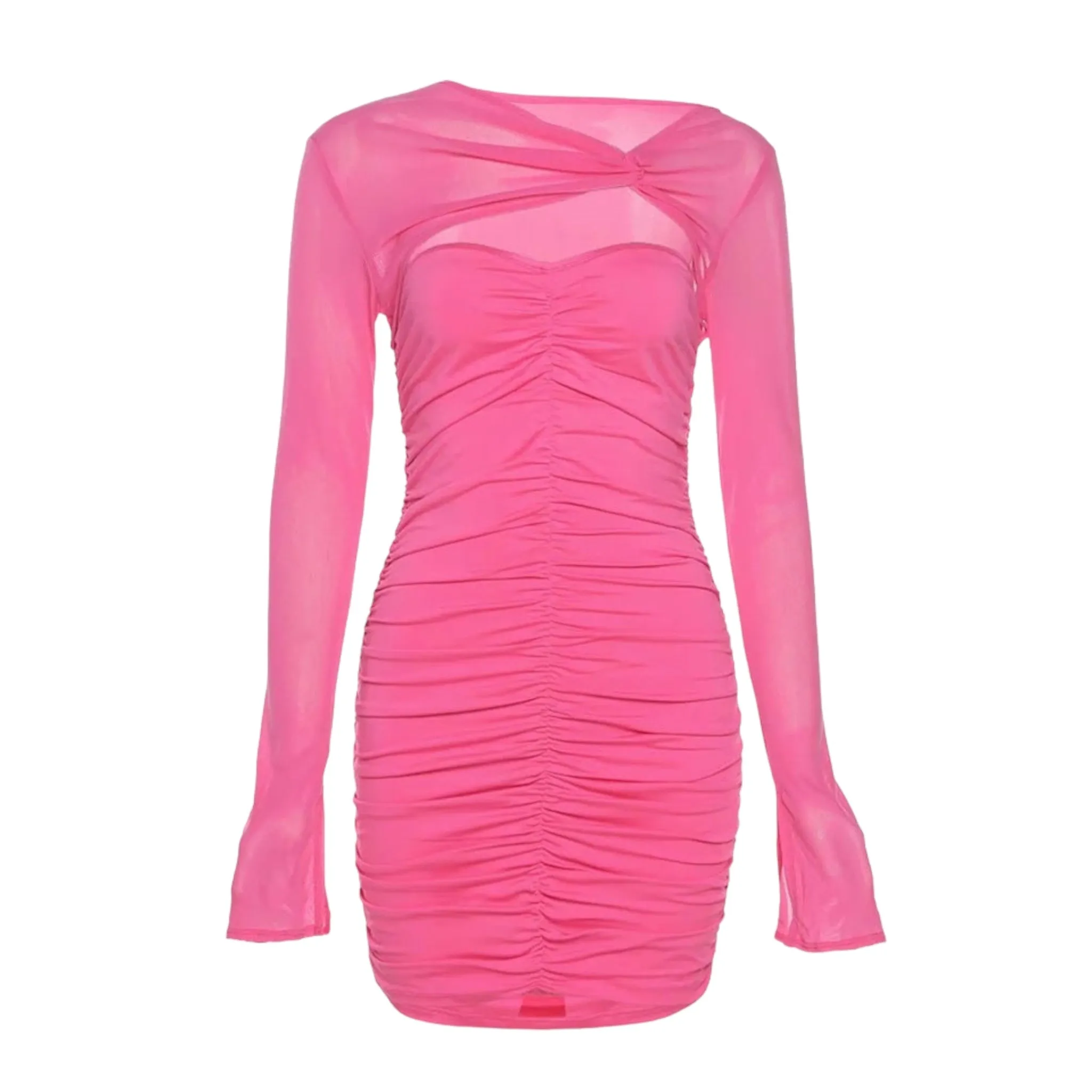 Twist Front Cut Out Split Cuff Ruched Mesh Bodycon Dress