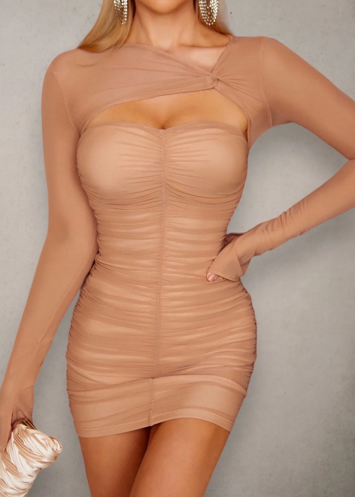 Twist Front Cut Out Split Cuff Ruched Mesh Bodycon Dress